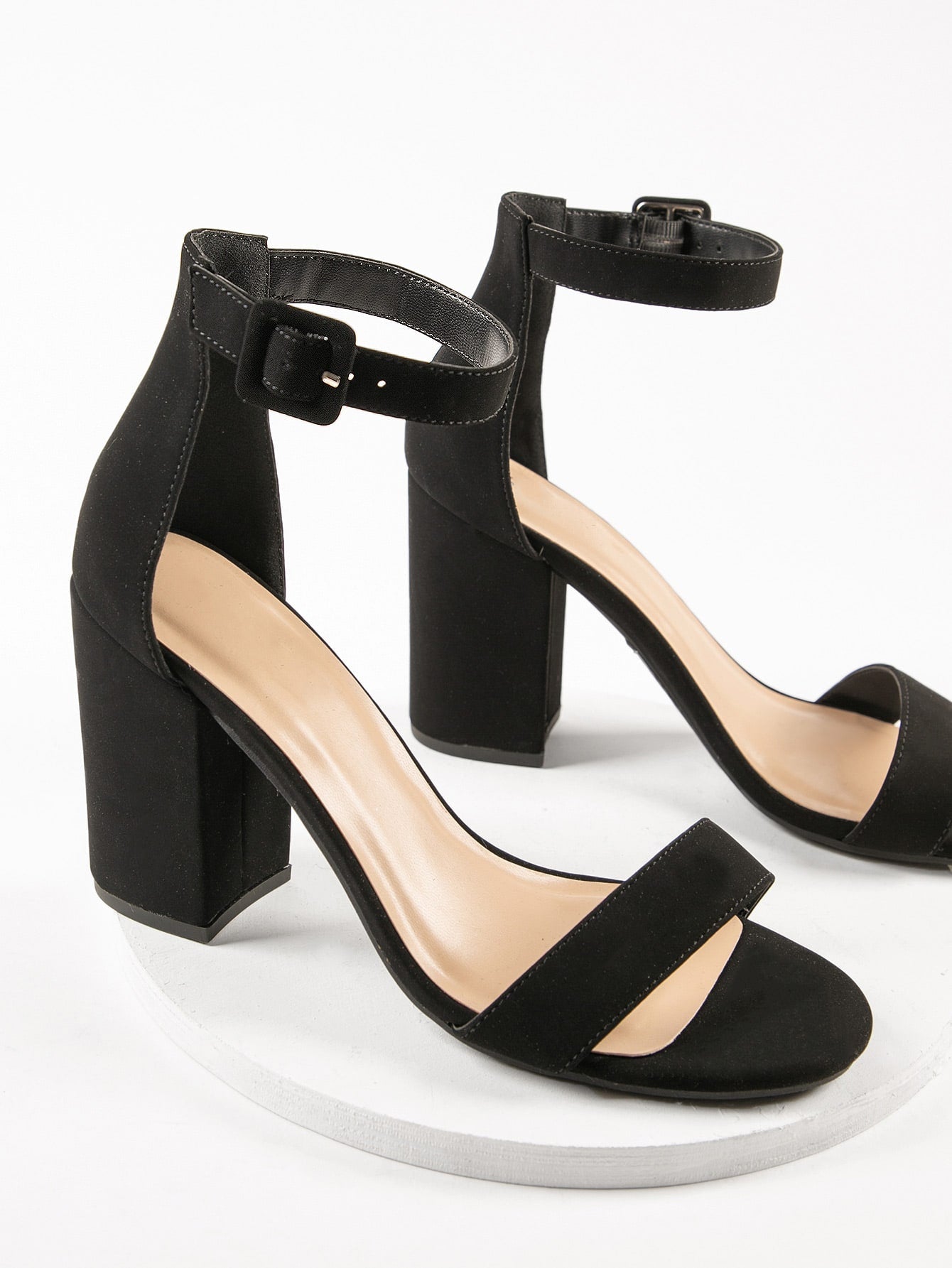 Square Toe Buckled Ankle Strap Block Chunky Heels