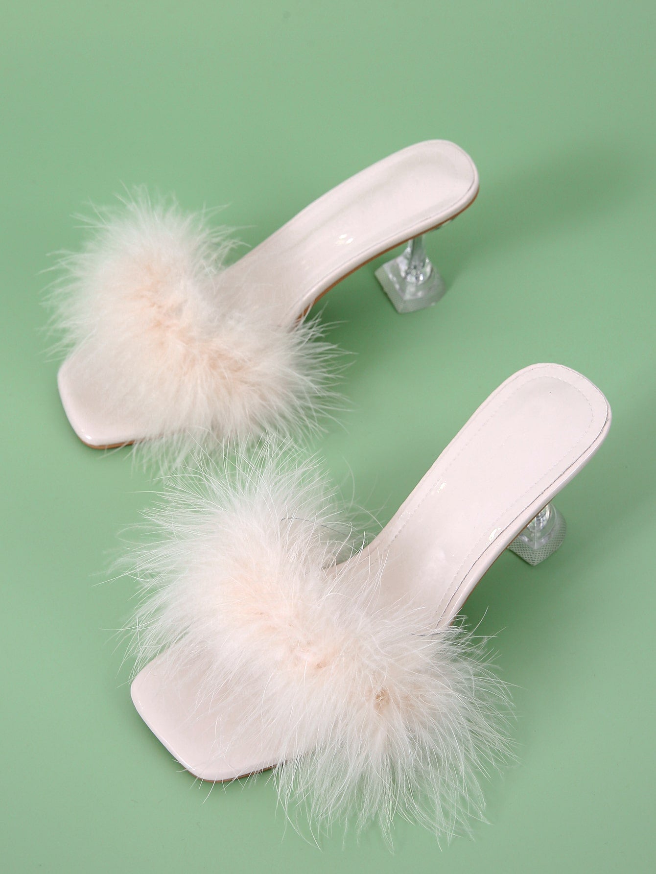 Women Fluffy Decor Pyramid Heeled Mule Sandals, Glamorous Party Heeled Sandals