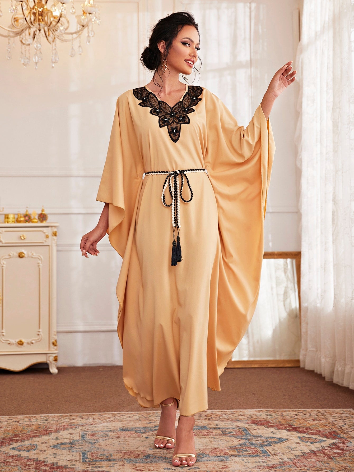 Najma Contrast Lace Belted Kaftan Dress