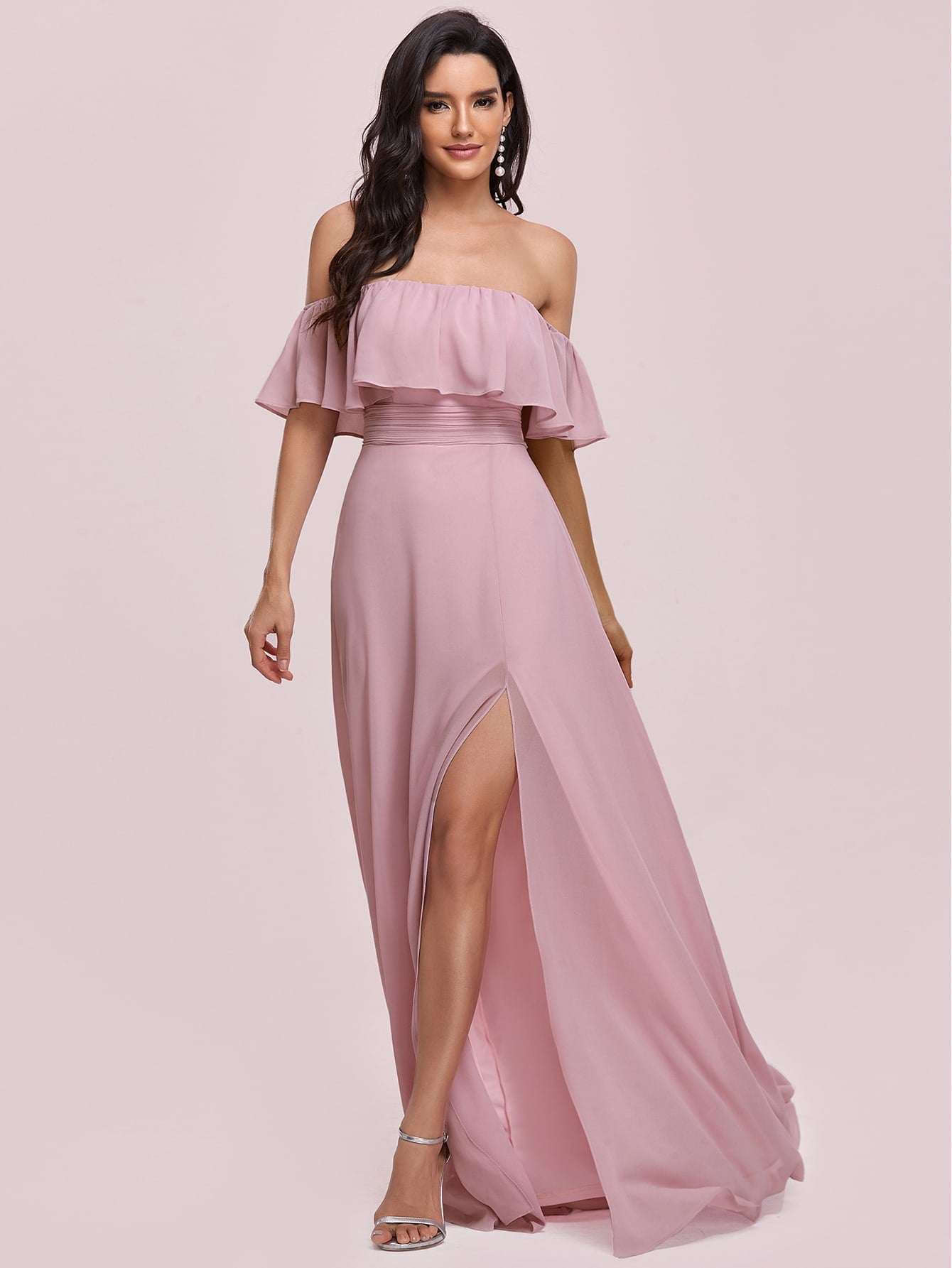 EVER-PRETTY Ruffle Off Shoulder Split Prom Dress