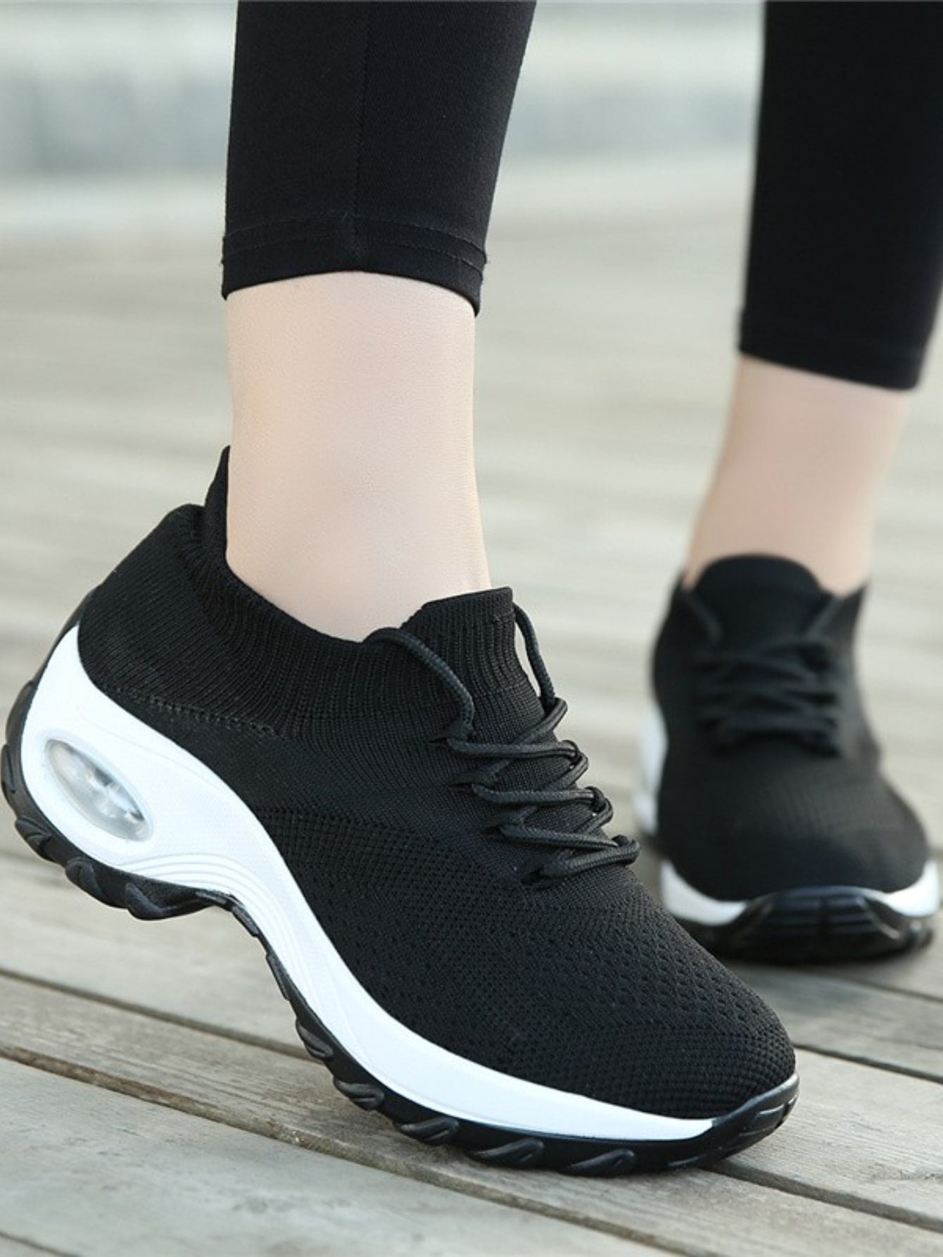 Women'S Lace-Up Knit Breathable Running Shoes, Non-Slip Platform Mesh Sneakers With Air Cushion, Women'S Footwear