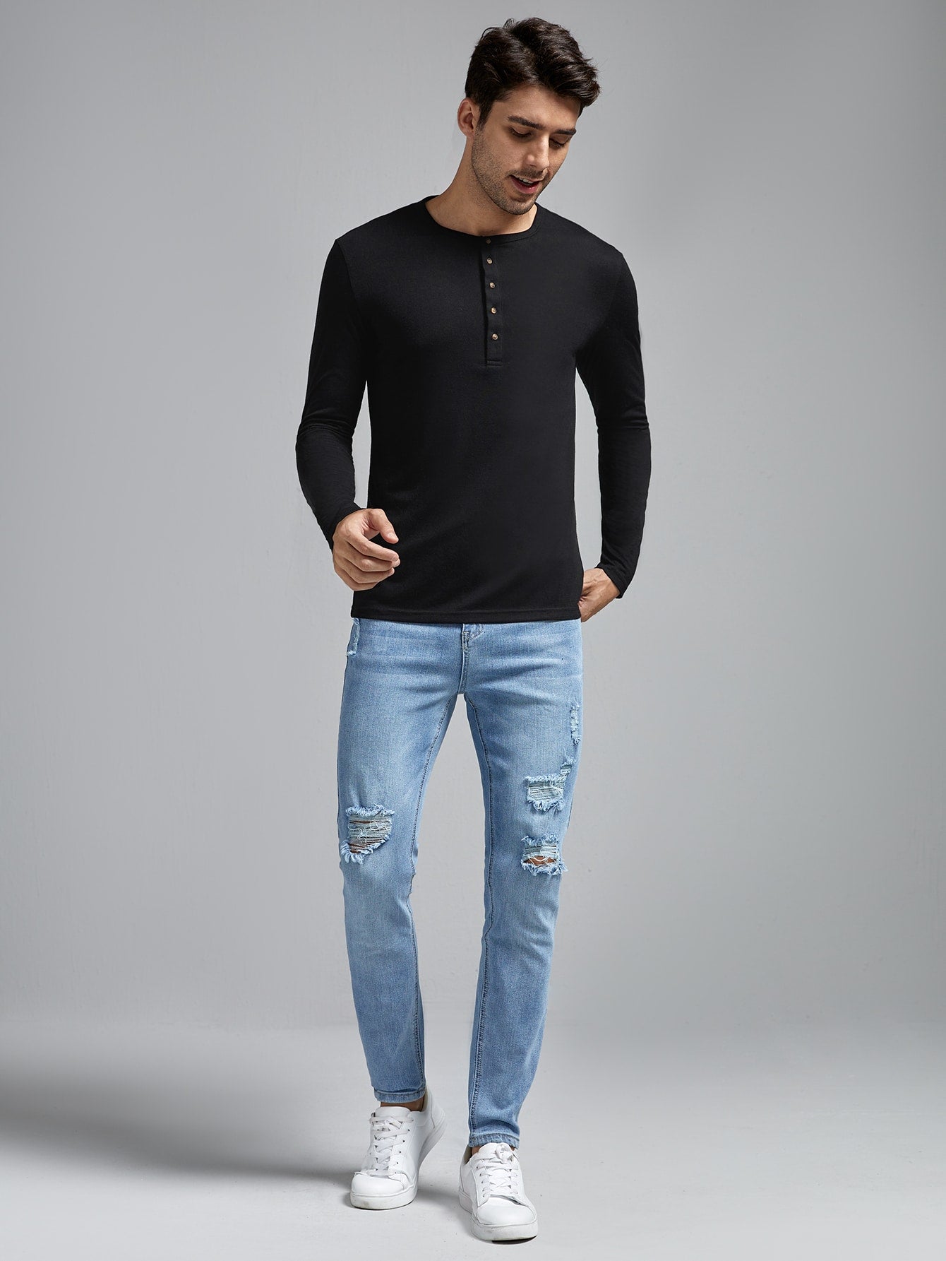 Manfinity Homme Men Half Button Placket Tee