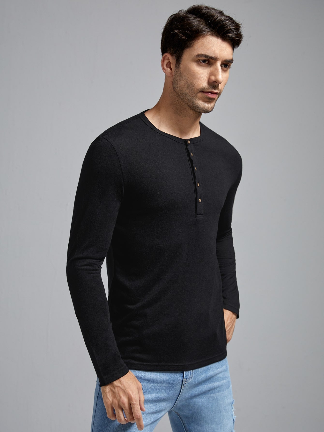 Manfinity Homme Men Half Button Placket Tee