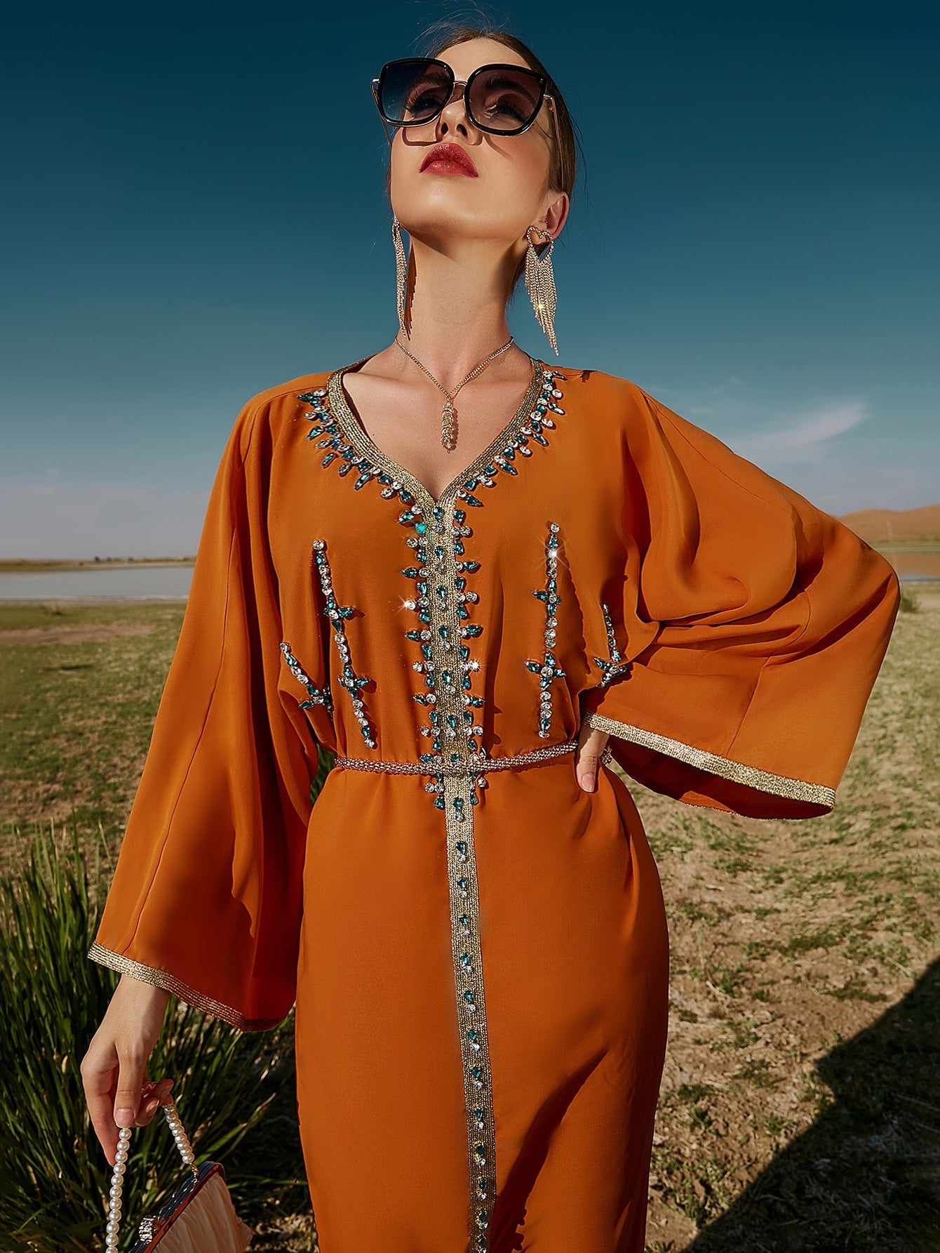 Najma Rhinestone Embroidered Trim Slit Hem Belted Kaftan