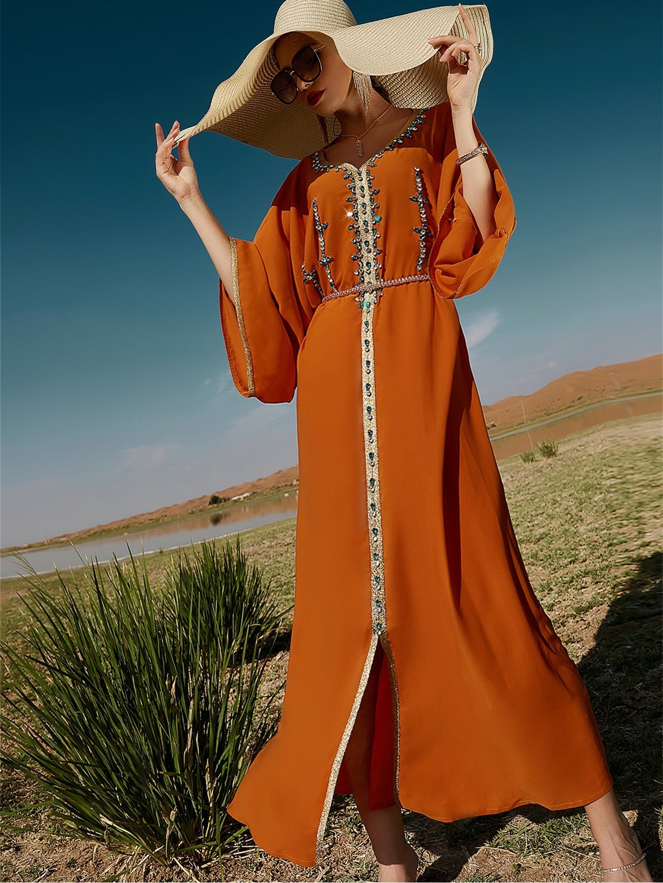 Najma Rhinestone Embroidered Trim Slit Hem Belted Kaftan