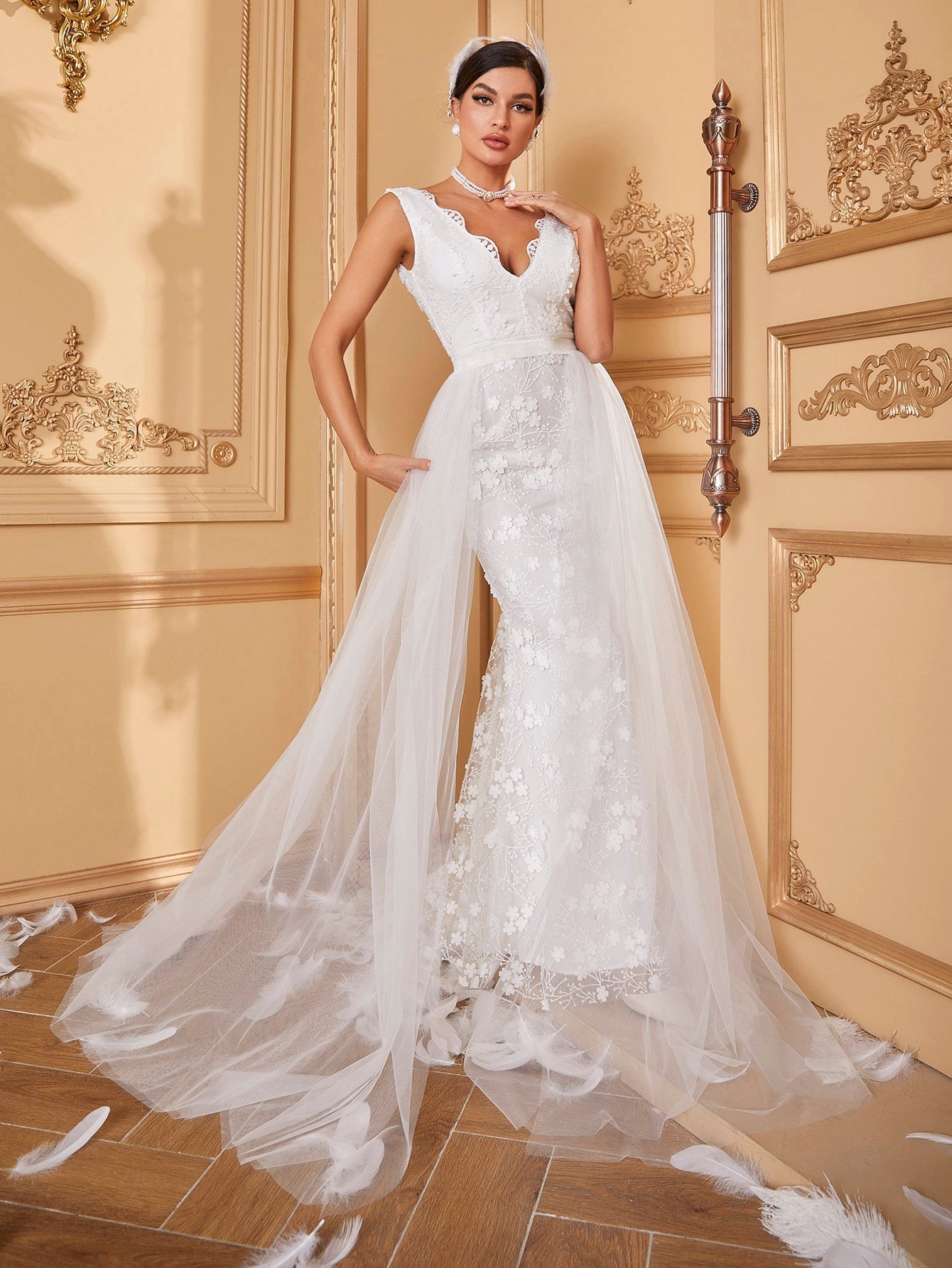 Giffniseti Contrast Mesh Lace Trim Floor Length Wedding Dress