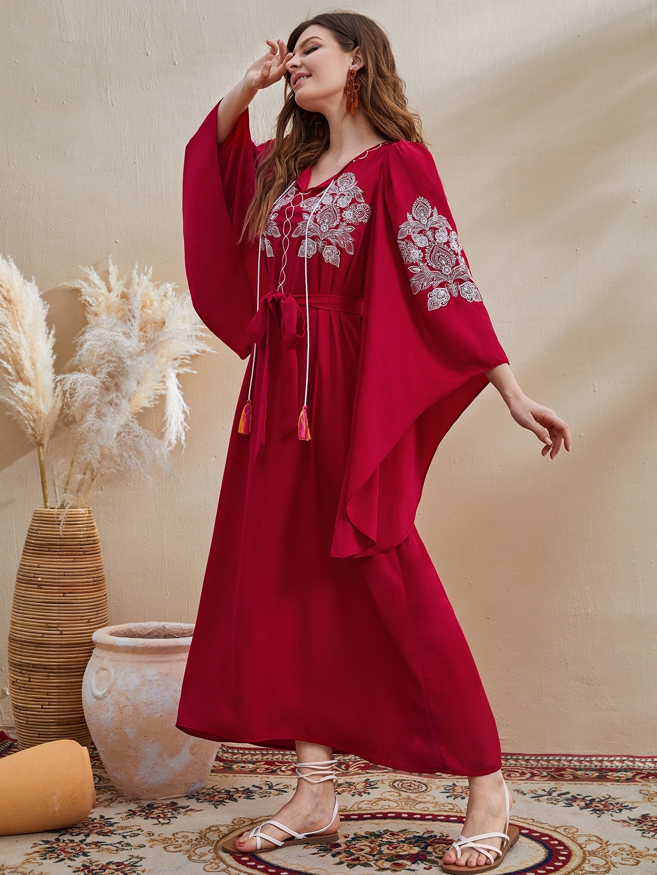 Najma Floral Embroidery Tassel Tie Neck Belted Kaftan Dress