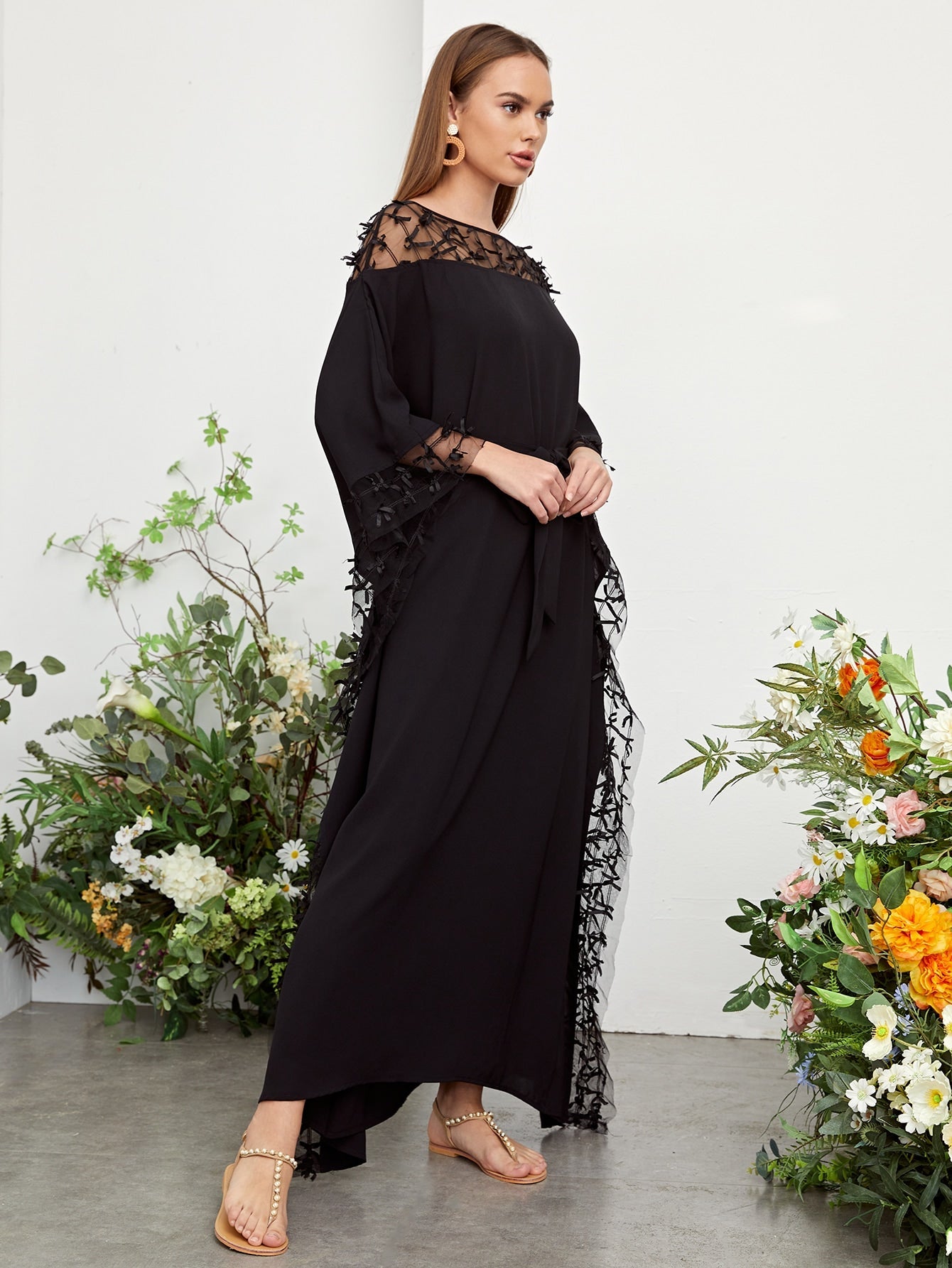 Najma Solid Sheer Contrast Mesh Applique Kaftan Dress