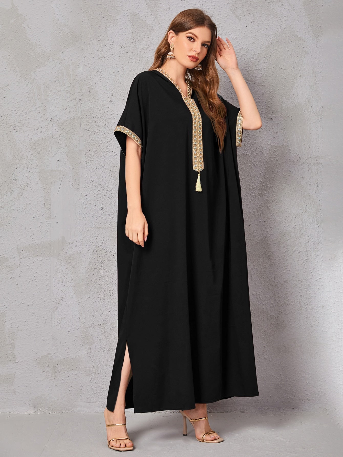 Najma Contrast Embroidered Trim Split Hem Kaftan