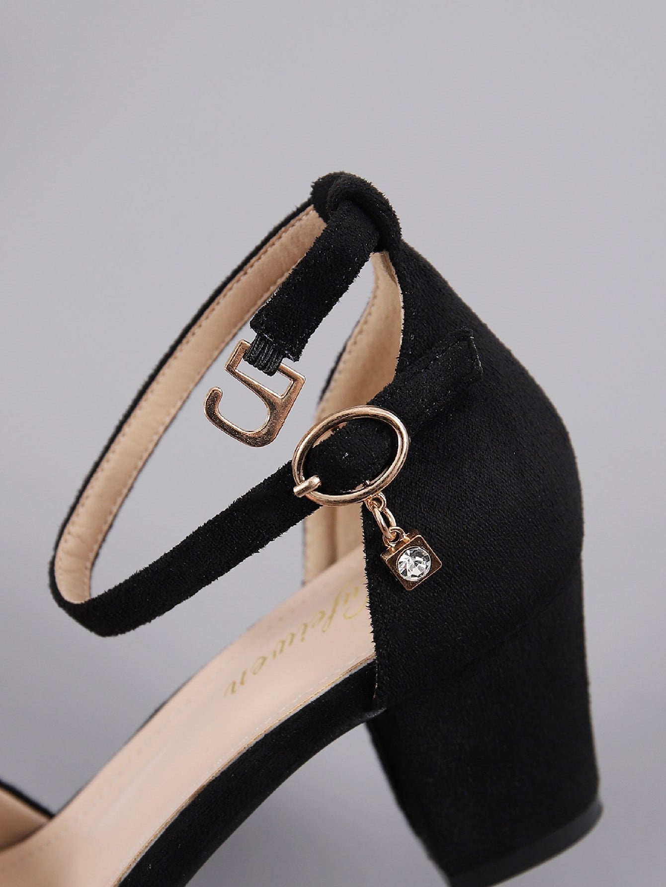 Women Minimalist Chunky Heeled Ankle Strap Sandals, Elegant Black Faux Suede Heeled Sandals