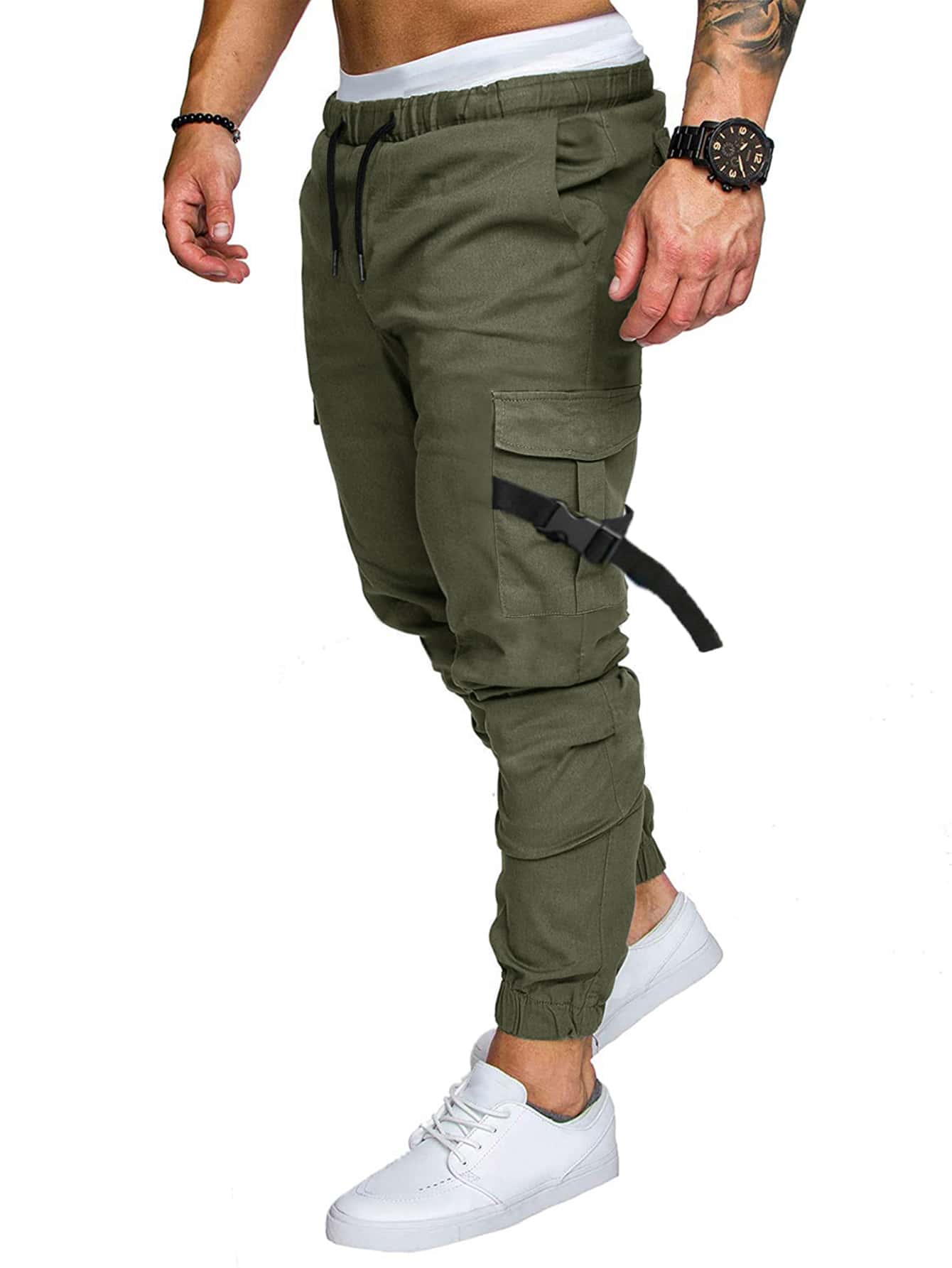 Manfinity Homme Men Flap Pocket Buckle Detail Drawstring Waist Cargo Pants