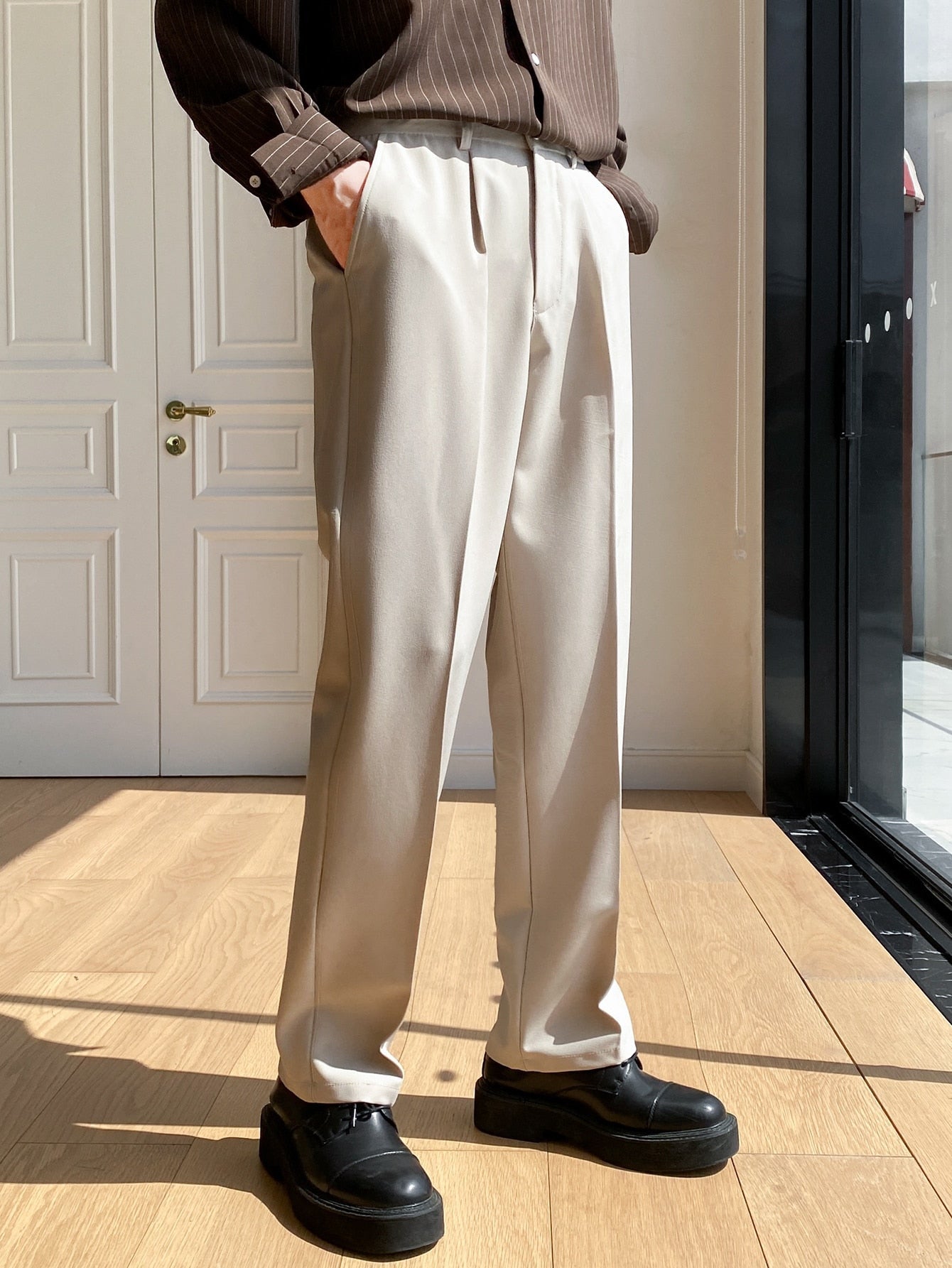 Men Fold Pleated Slant Pocket Suit Pants