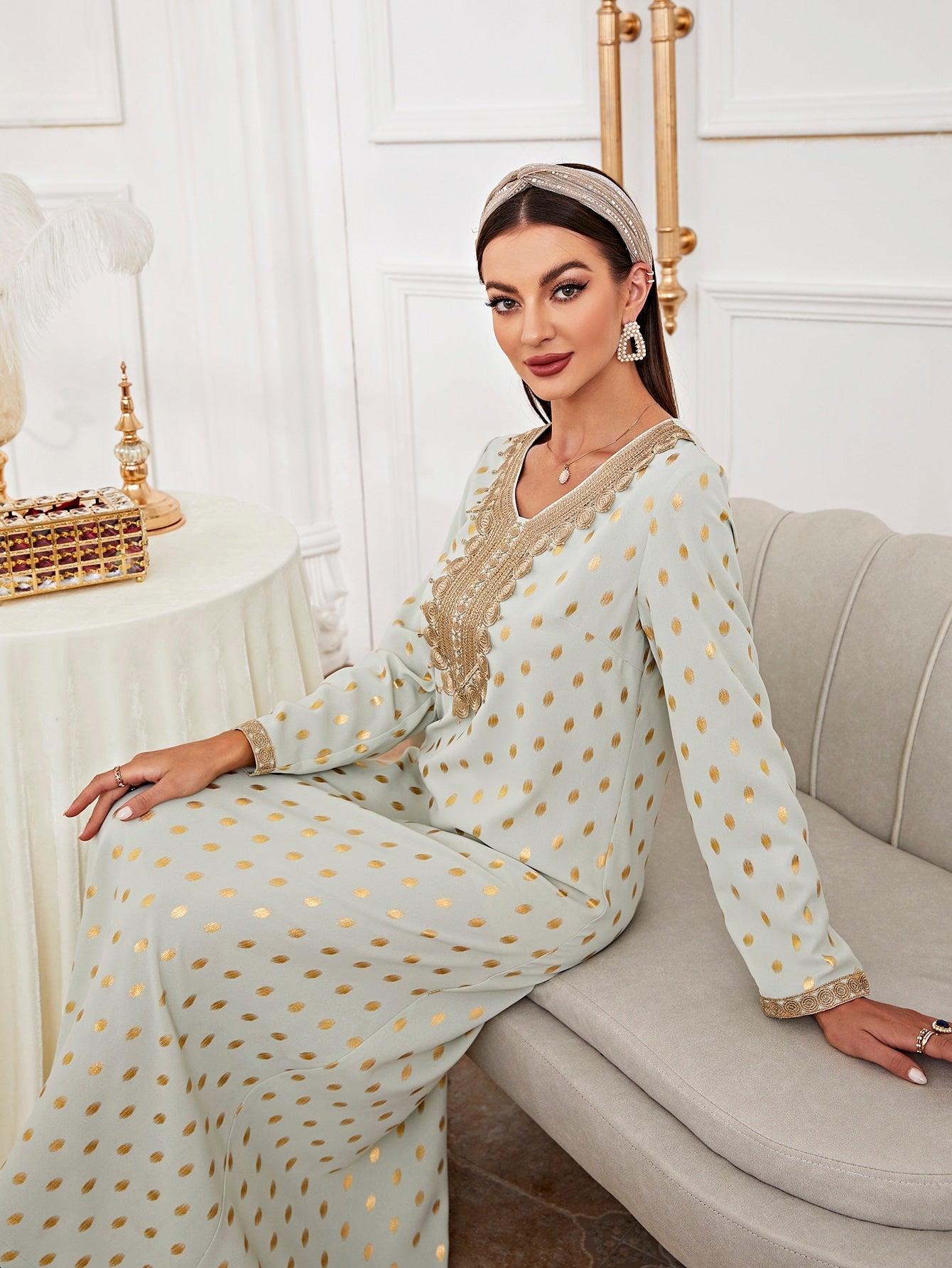 Najma Gold Dot Print Appliques Kaftan