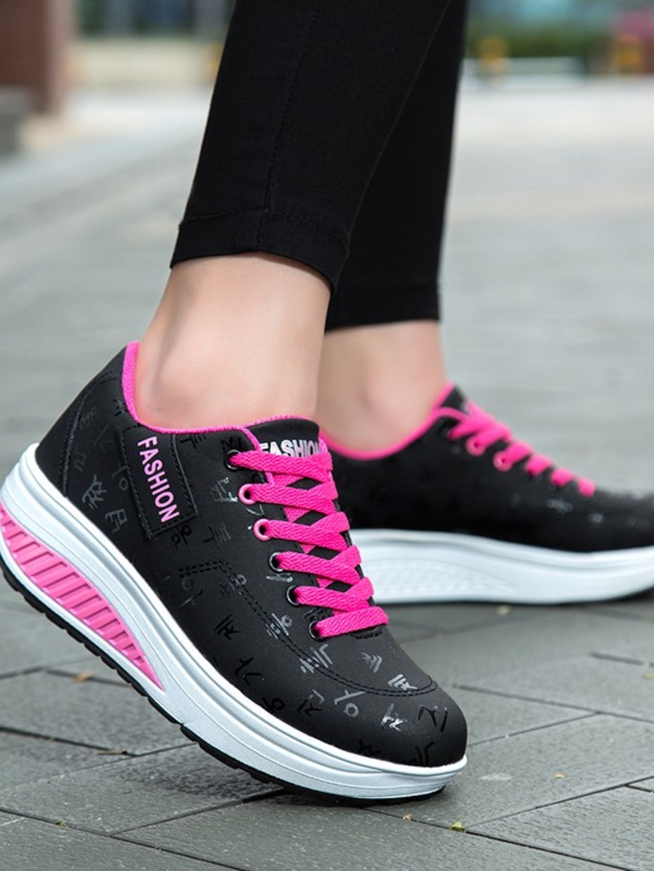 Women Letter Graphic Rocking Shoes, Lace Up Front Sporty Sneakers