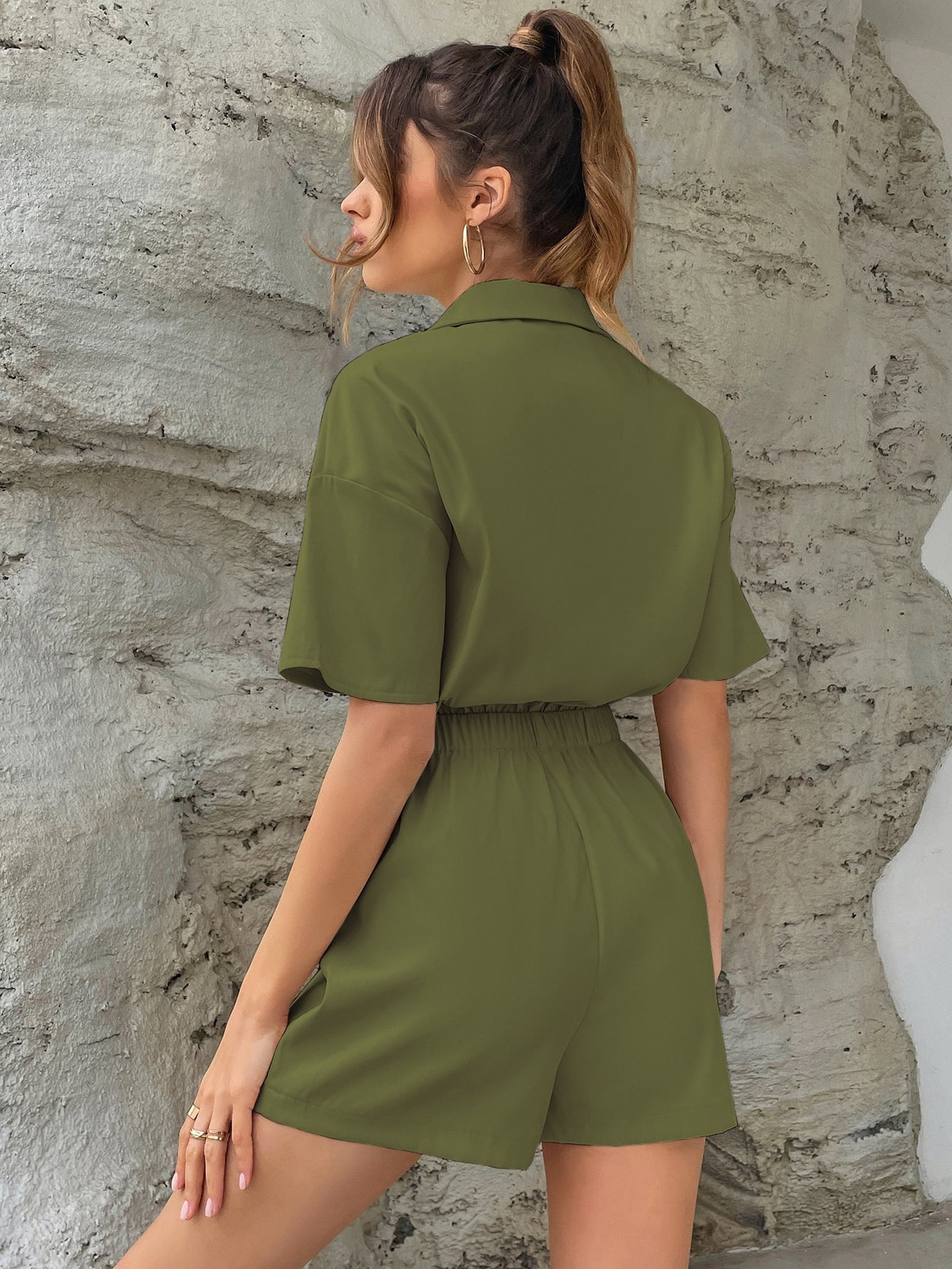 Buttoned Front Pocket Patched Shirt Romper