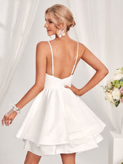 Mesh Insert Backless Layered Hem Satin Cami Wedding Dress