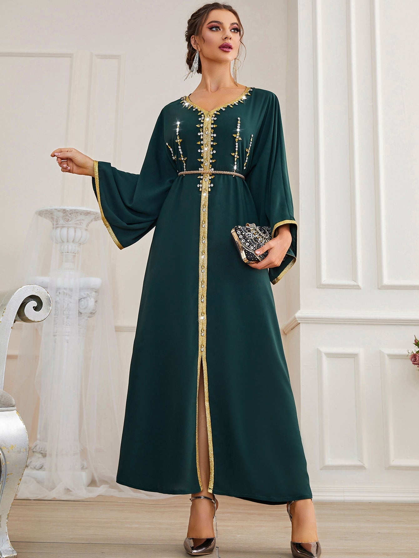 Najma Rhinestone Embroidered Trim Slit Hem Belted Kaftan