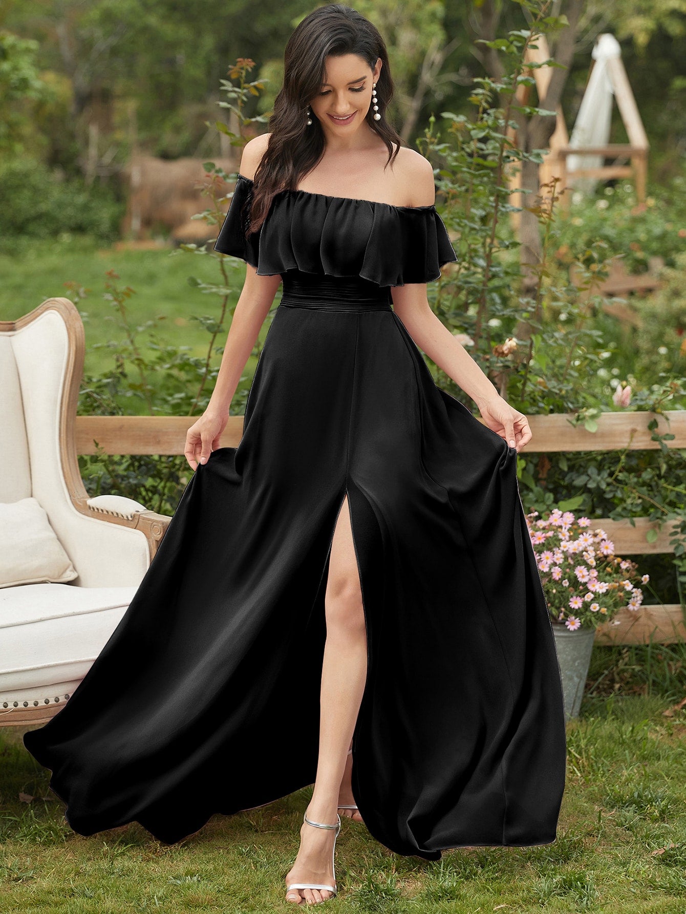 EVER-PRETTY Ruffle Off Shoulder Split Prom Dress