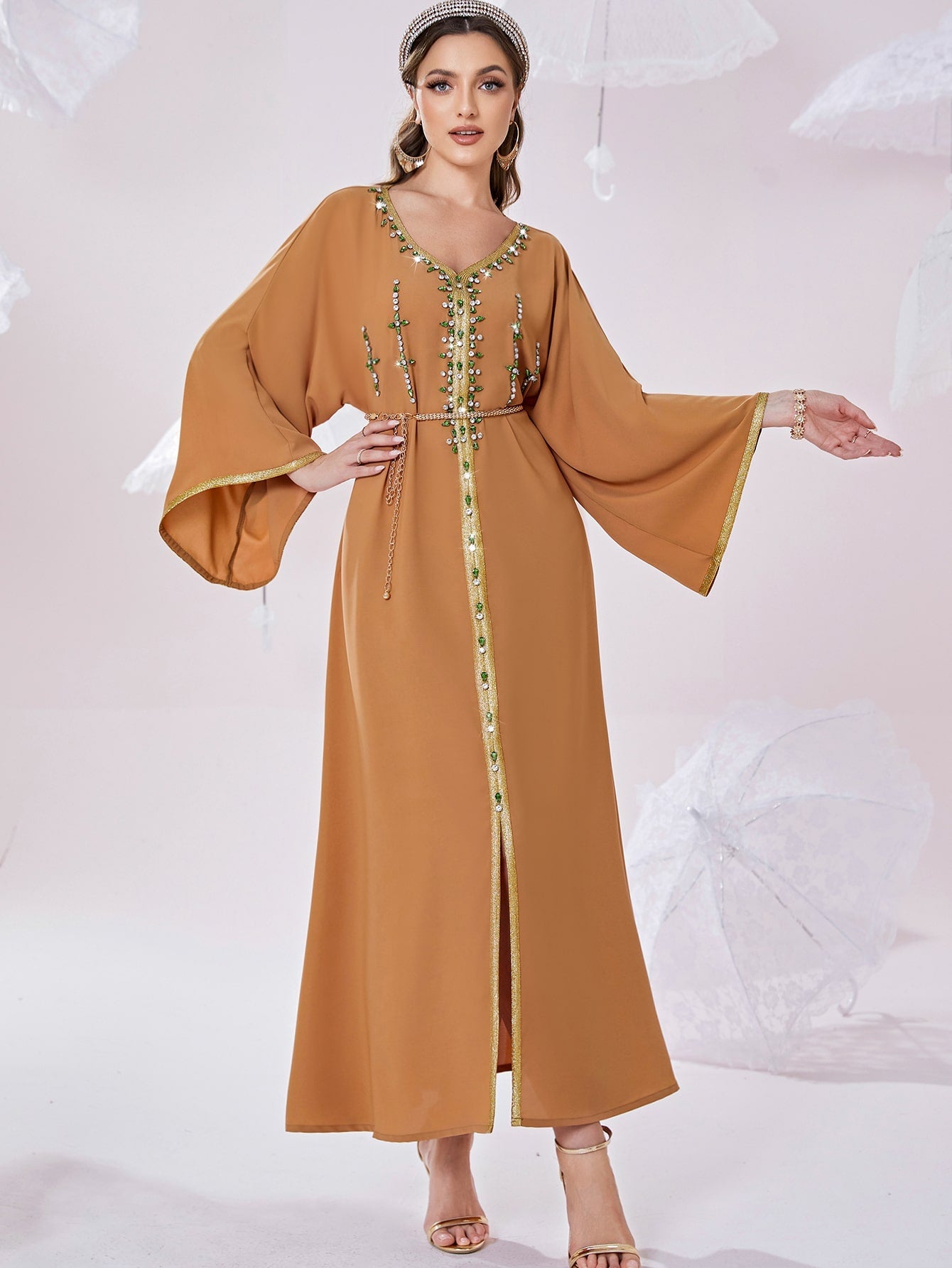 Najma Rhinestone Embroidered Trim Slit Hem Belted Kaftan