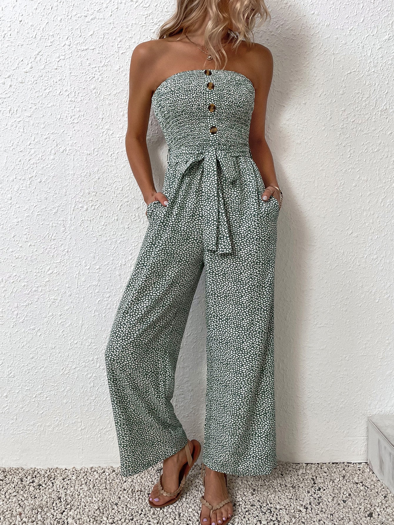 VCAY Allover Print Pocket Side Belted Tube Jumpsuit