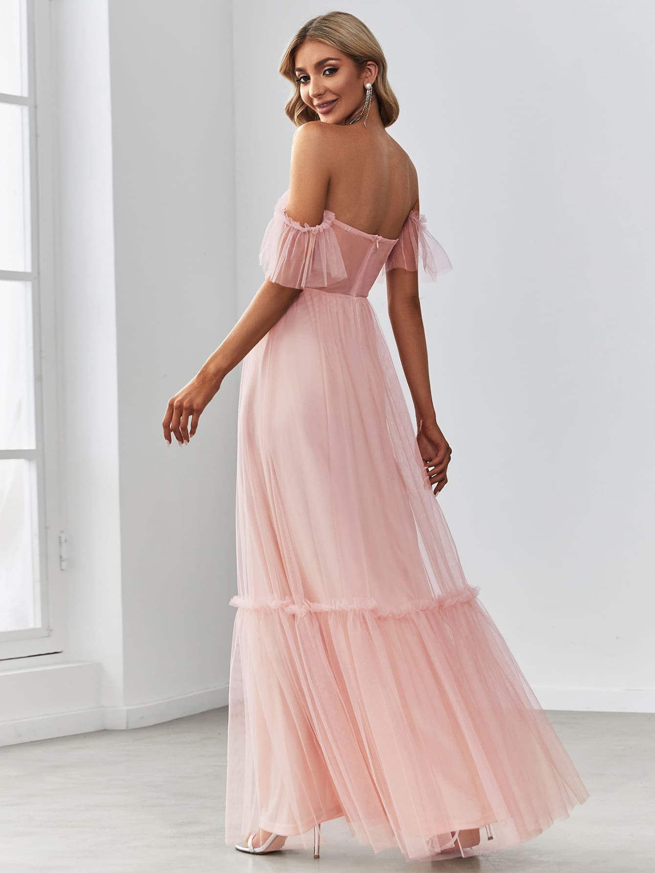 EVER-PRETTY Off Shoulder Frilled Ruffle Hem Mesh Bridesmaid Dress