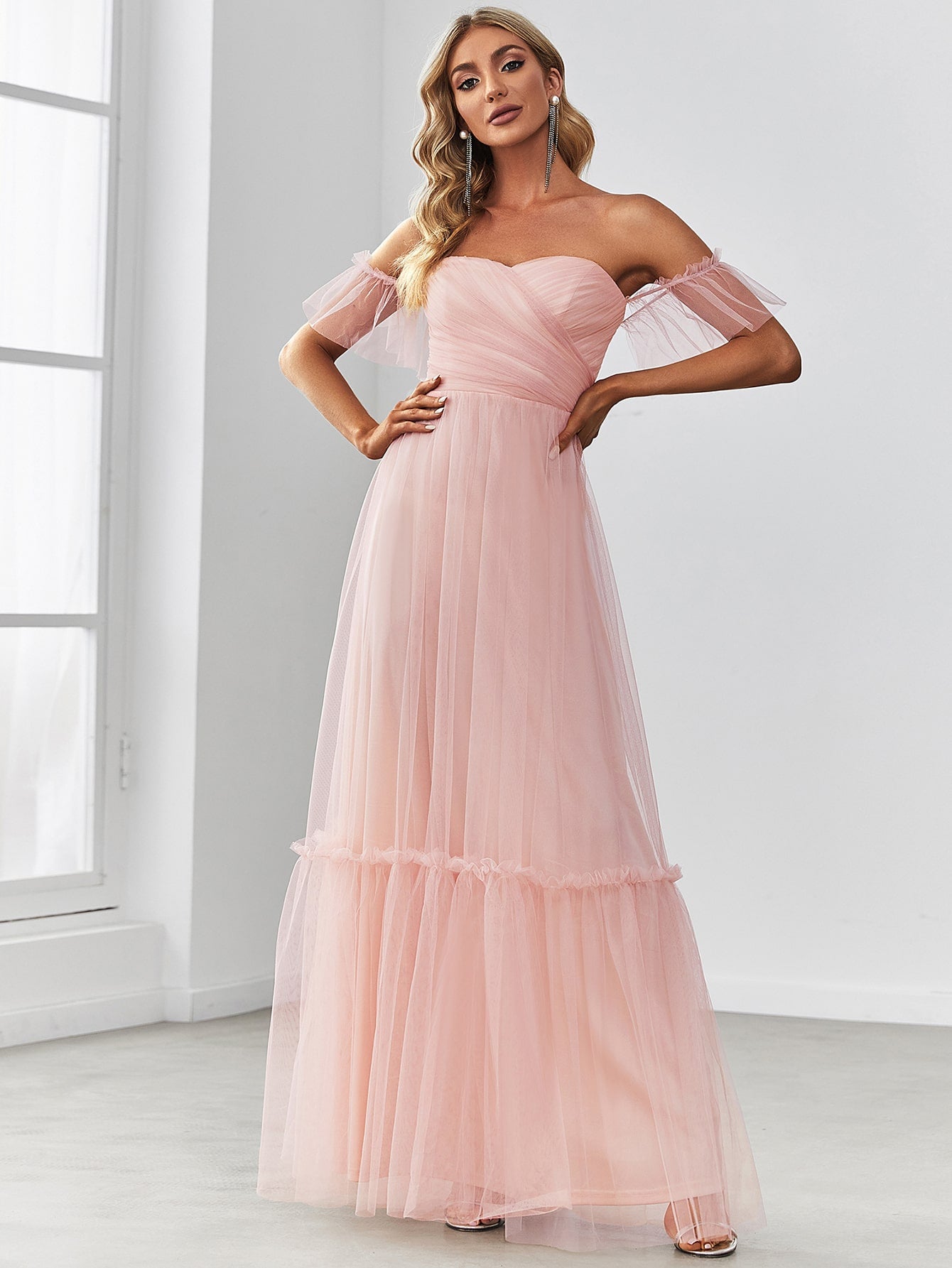 EVER-PRETTY Off Shoulder Frilled Ruffle Hem Mesh Bridesmaid Dress