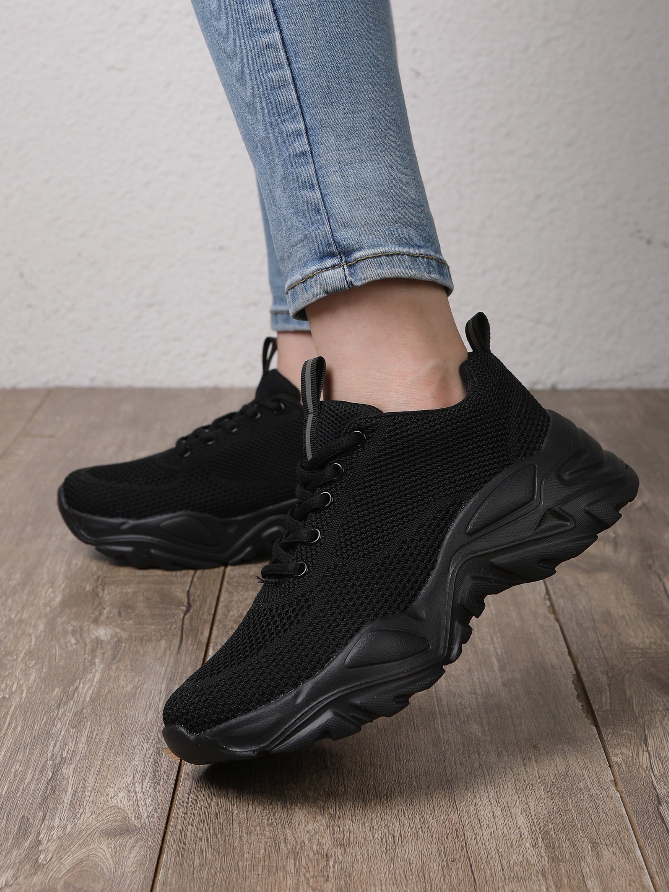 Women Minimalist Knit Detail Lace-Up Front Chunky Breathable Shoes