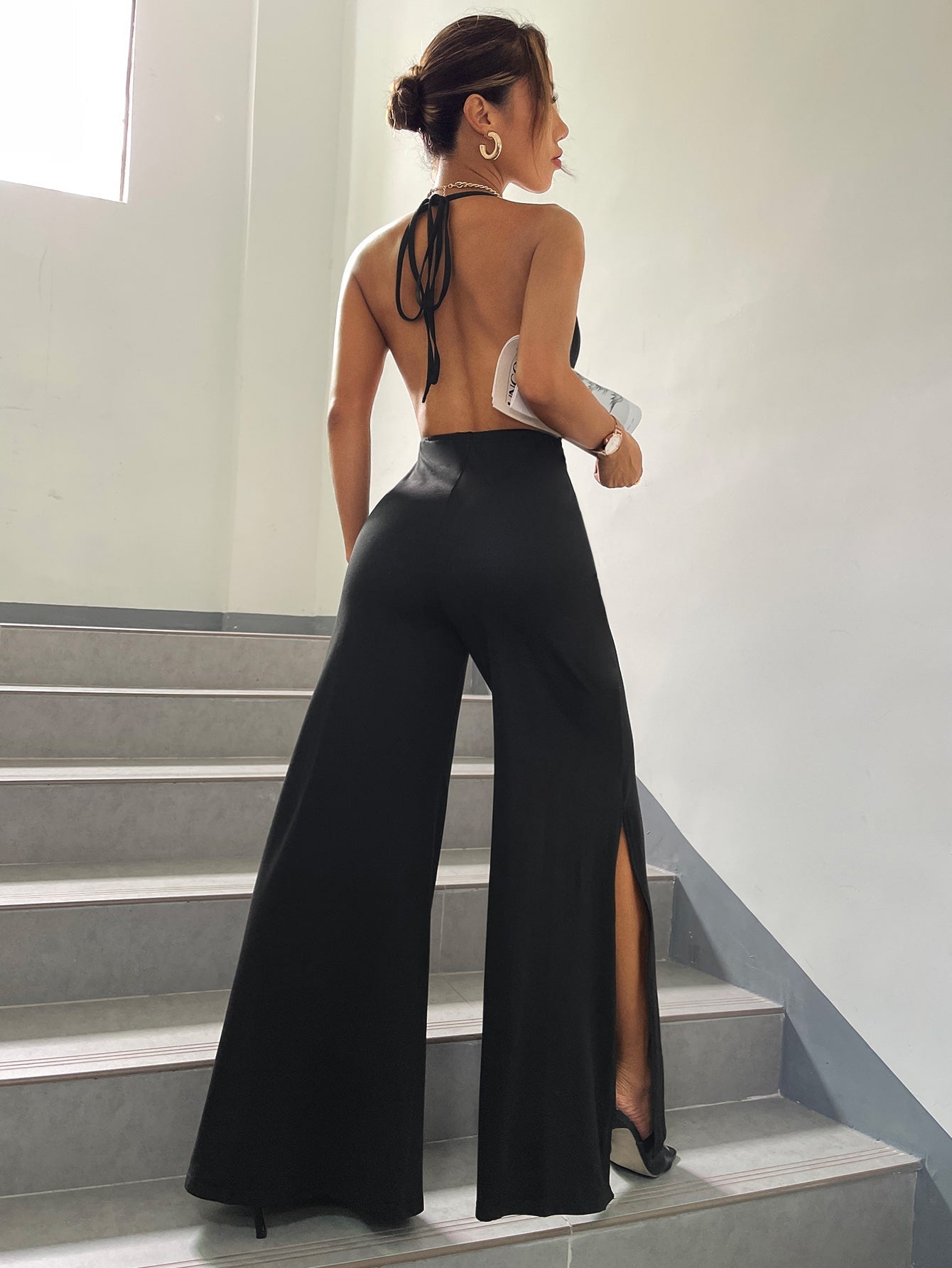 Essnce Draped Split Hem Wide Leg Tie Backless Halter Jumpsuit