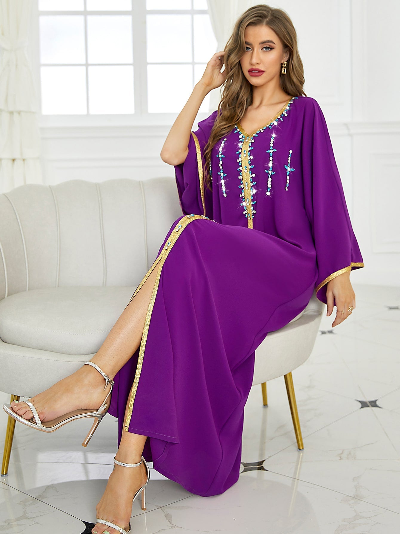 Najma Rhinestone Embroidered Trim Slit Hem Belted Kaftan