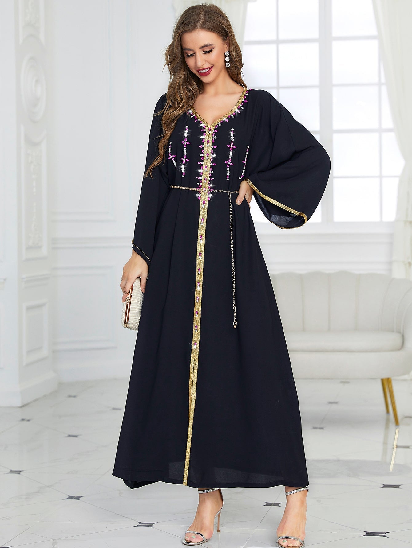 Najma Rhinestone Embroidered Trim Slit Hem Belted Kaftan