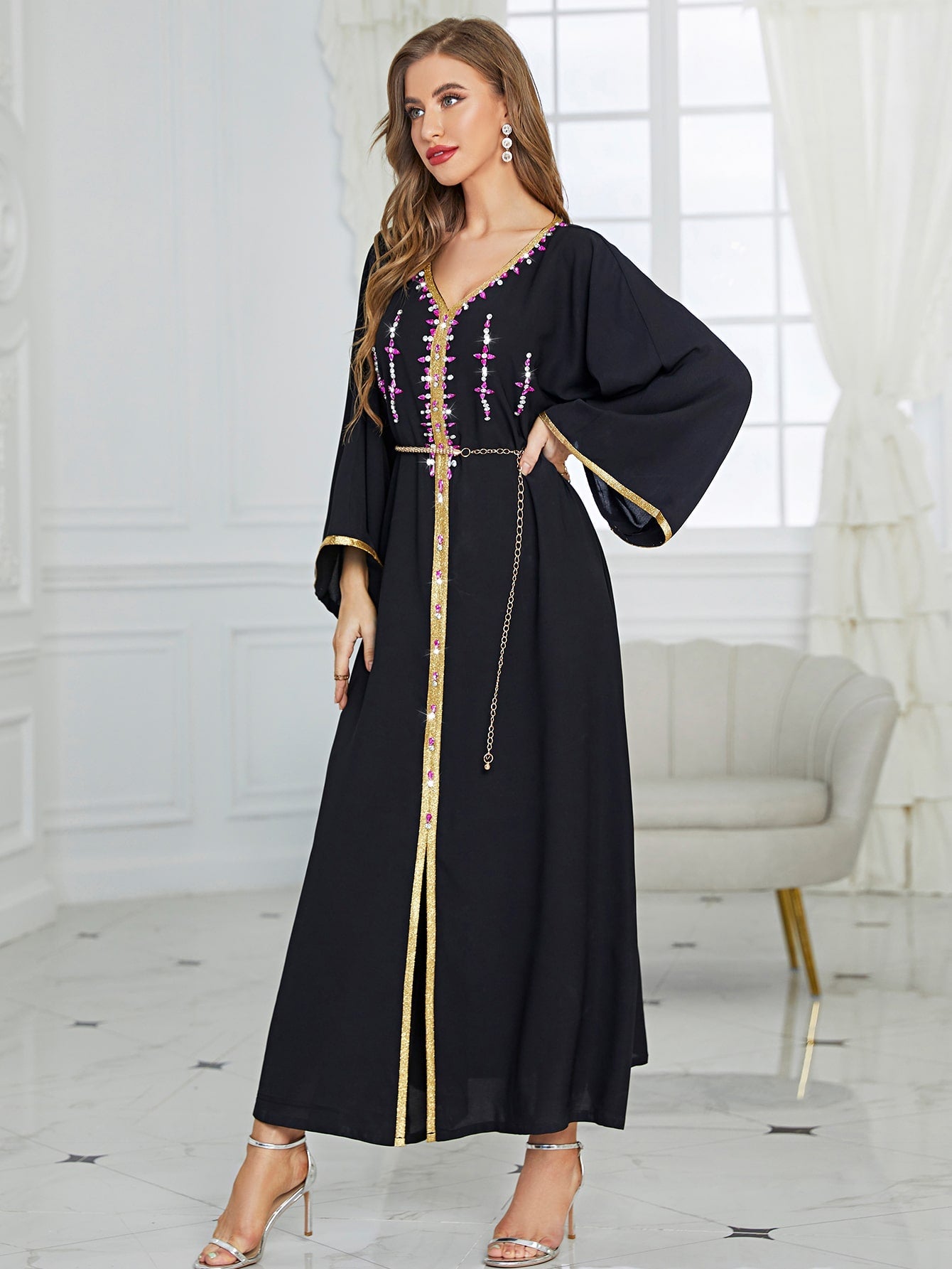 Najma Rhinestone Embroidered Trim Slit Hem Belted Kaftan