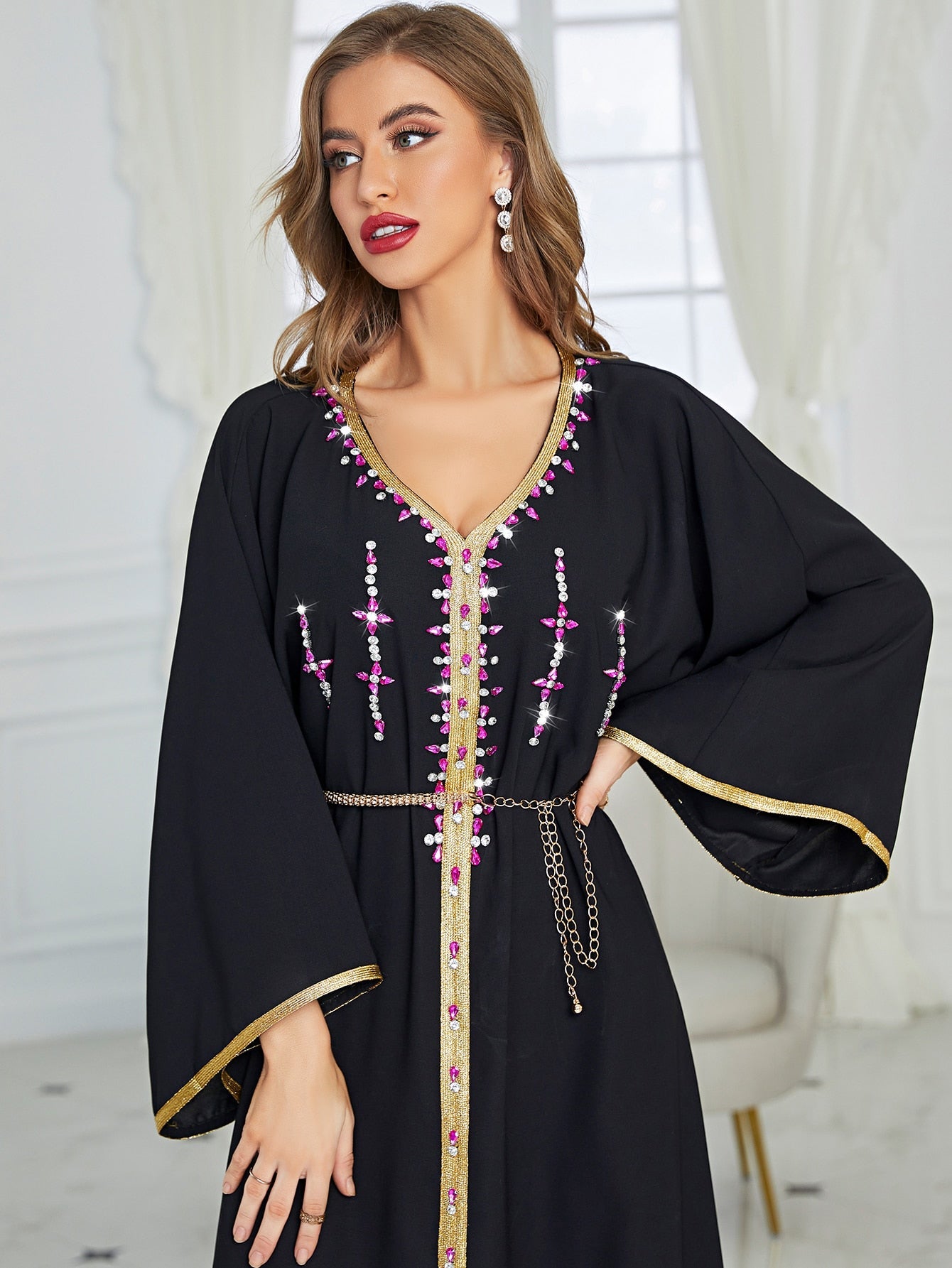 Najma Rhinestone Embroidered Trim Slit Hem Belted Kaftan