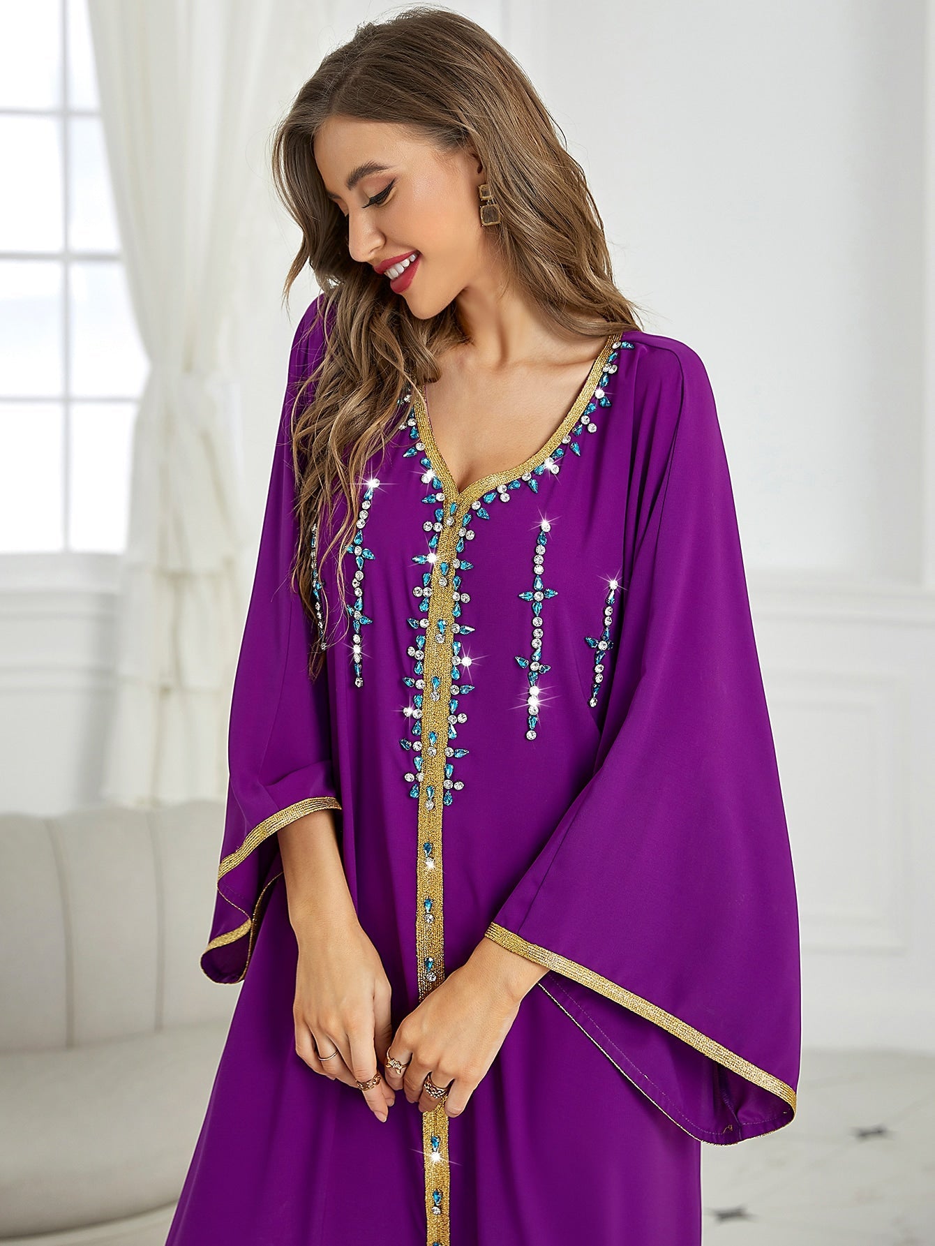 Najma Rhinestone Embroidered Trim Slit Hem Belted Kaftan