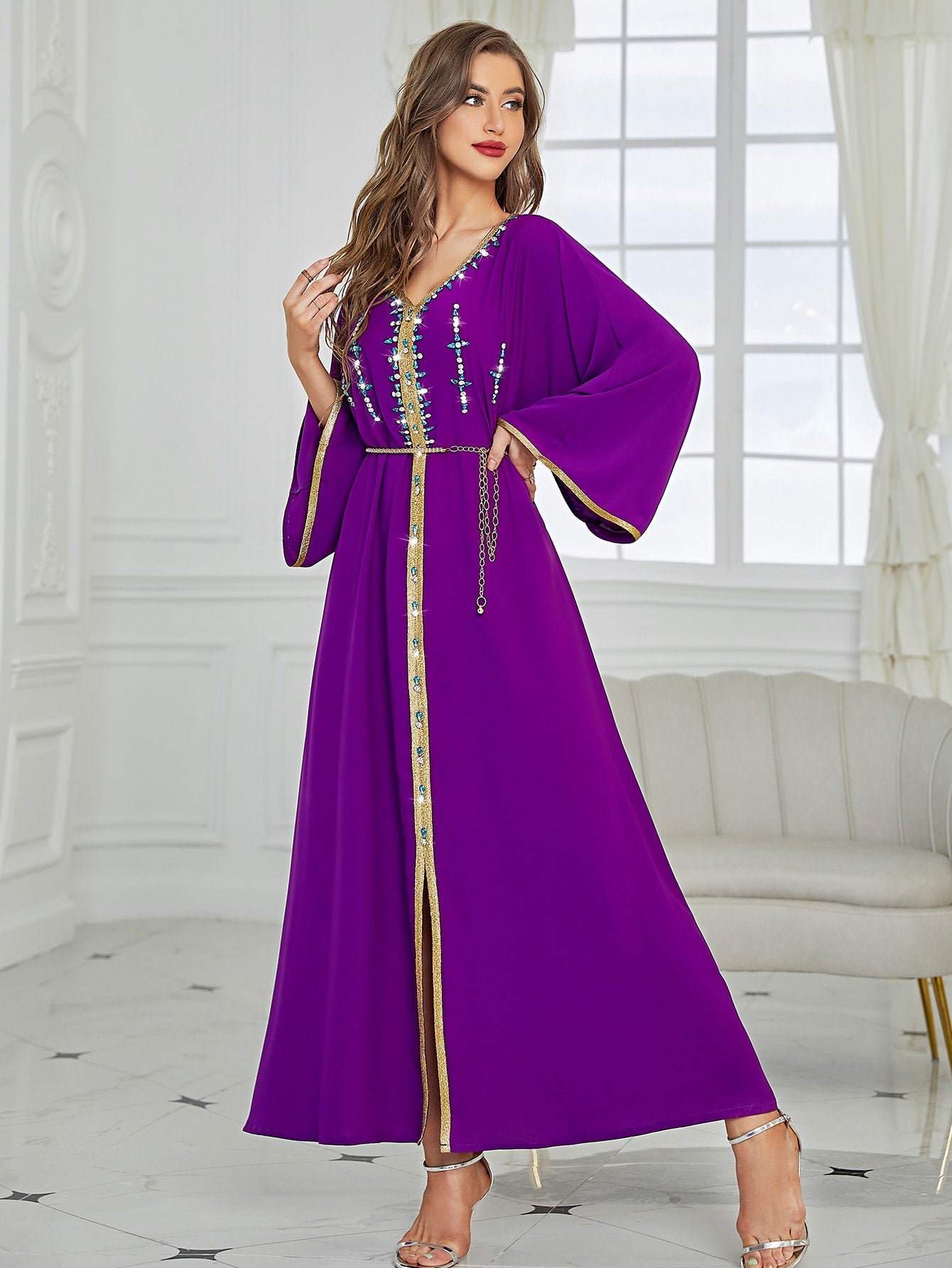 Najma Rhinestone Embroidered Trim Slit Hem Belted Kaftan