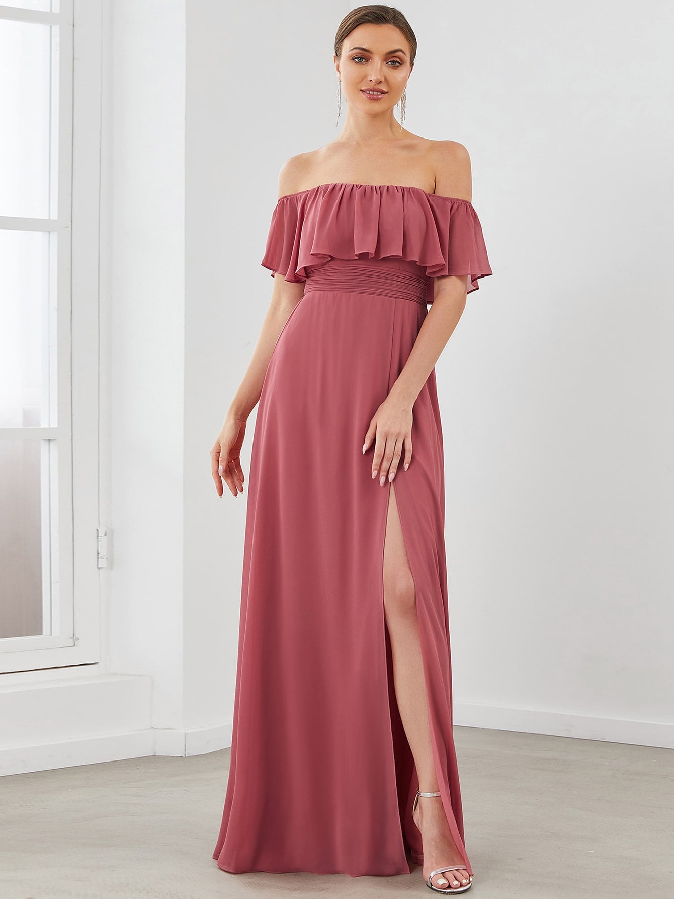 EVER-PRETTY Ruffle Off Shoulder Split Prom Dress