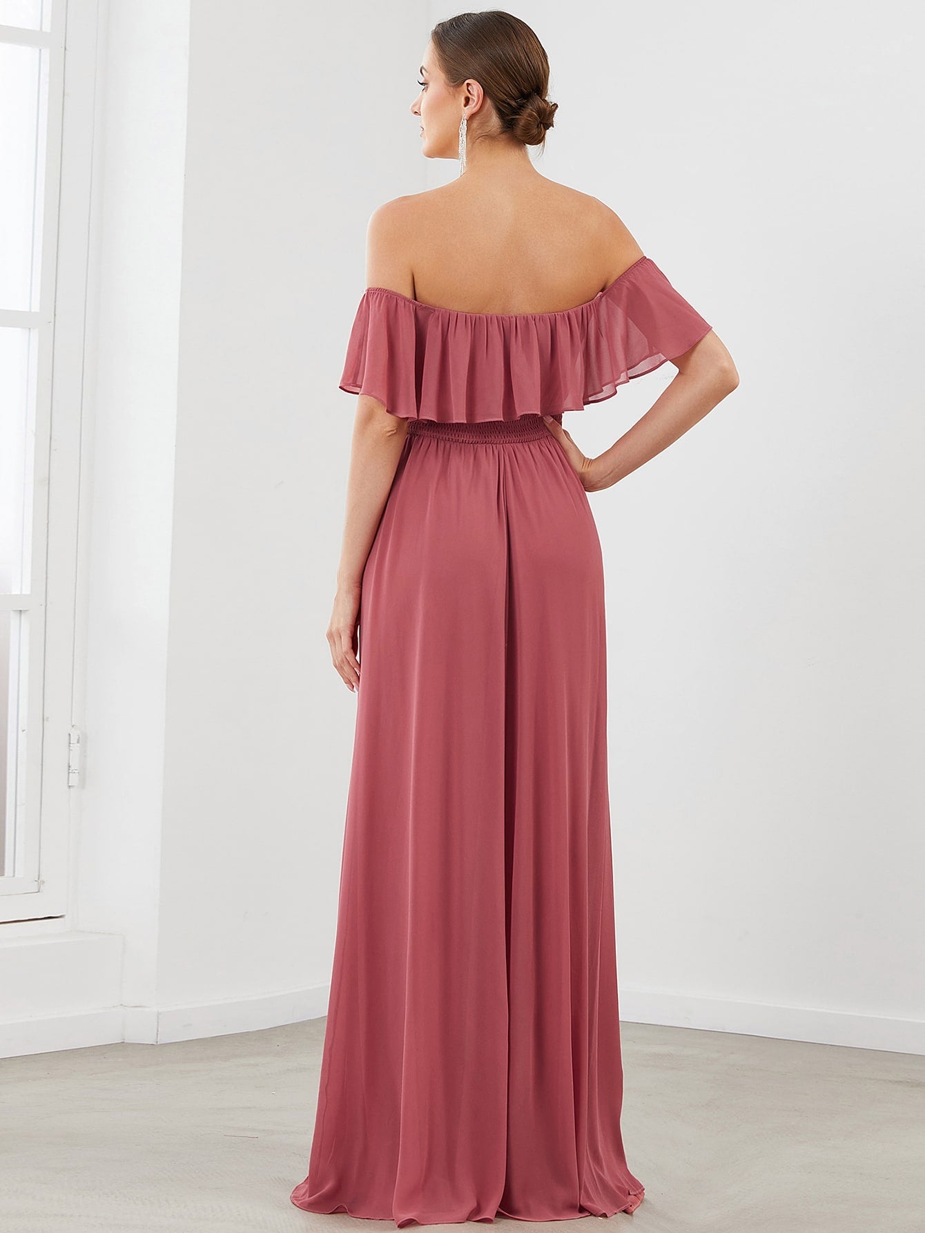 EVER-PRETTY Ruffle Off Shoulder Split Prom Dress