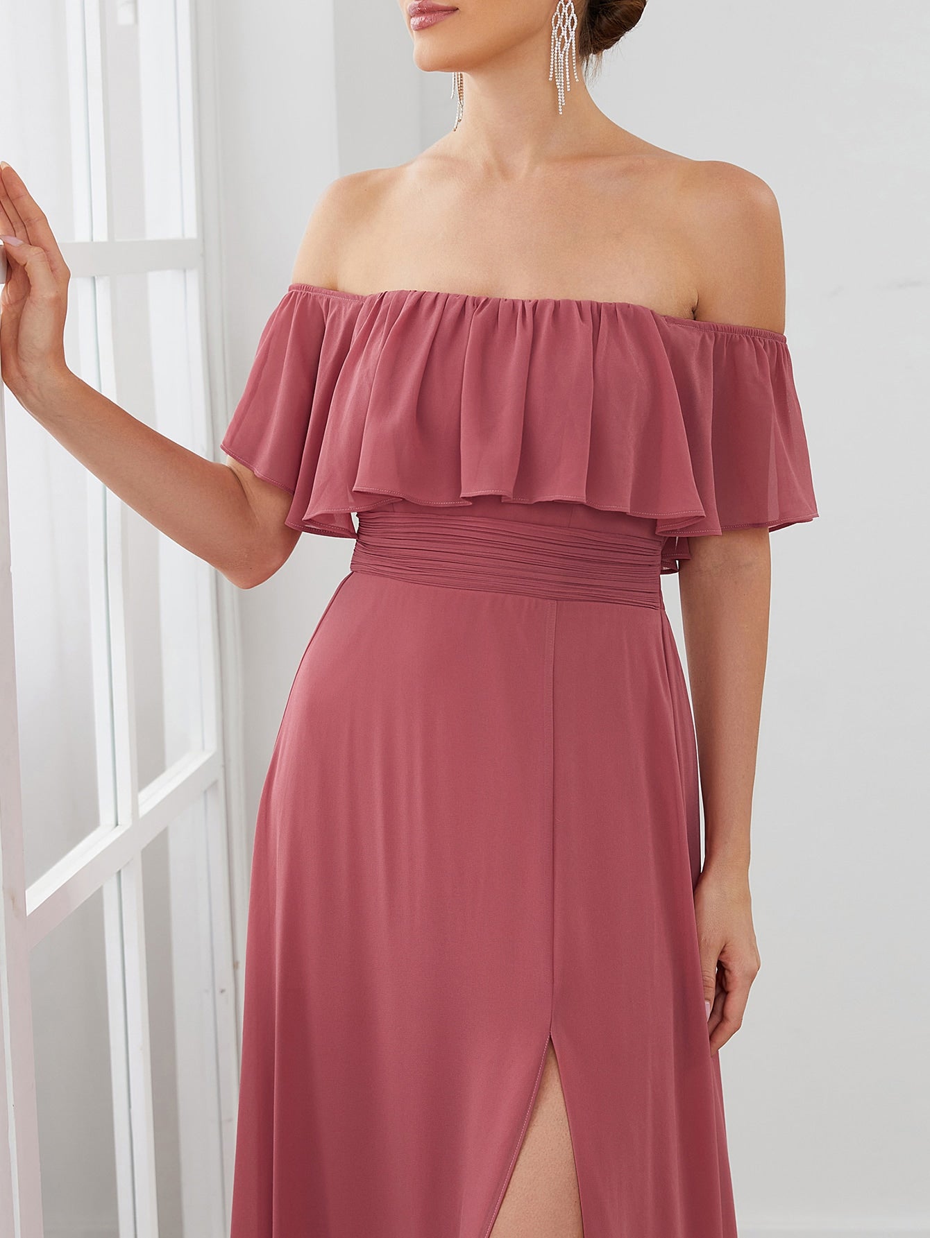 EVER-PRETTY Ruffle Off Shoulder Split Prom Dress