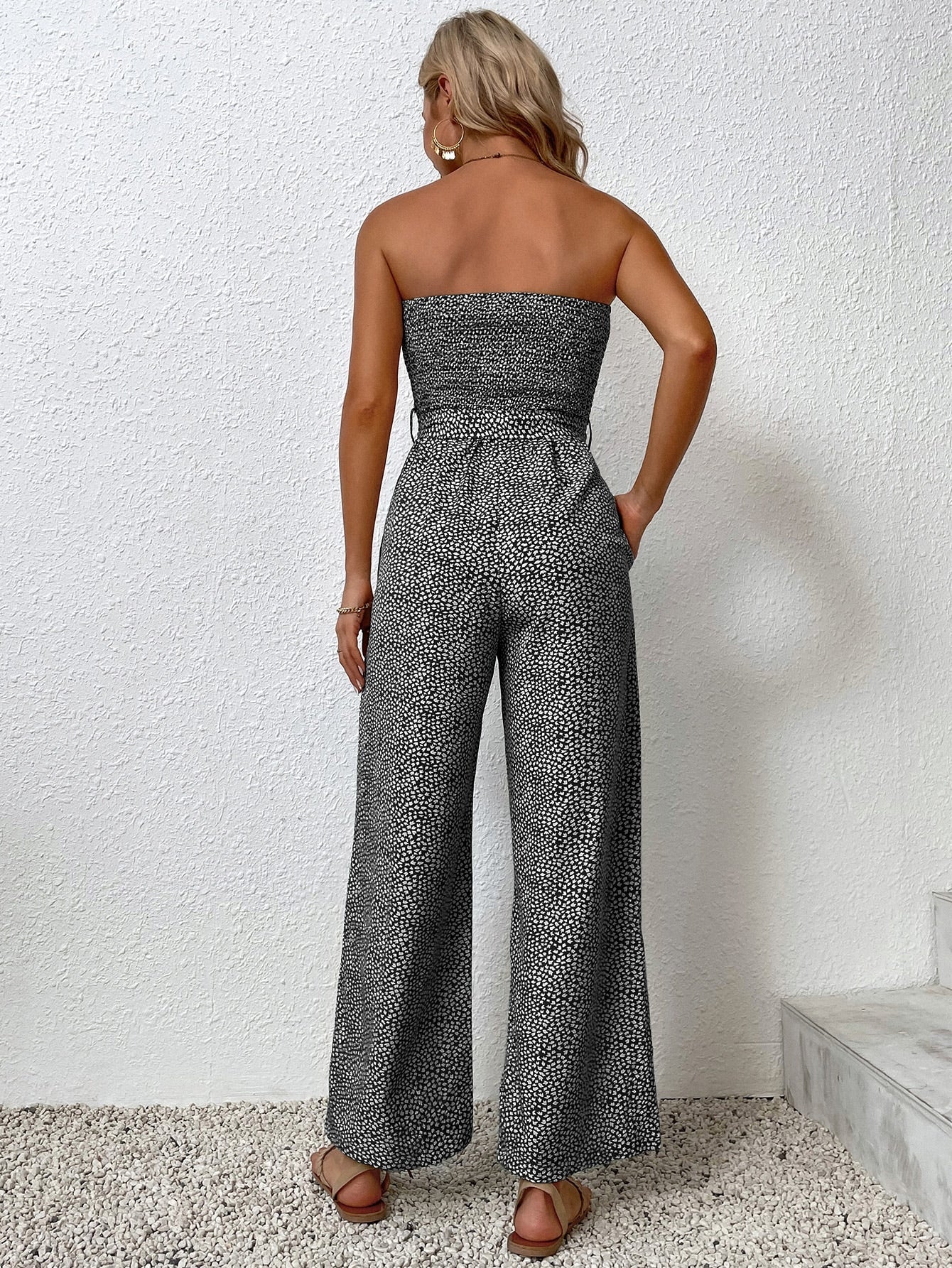 VCAY Allover Print Pocket Side Belted Tube Jumpsuit