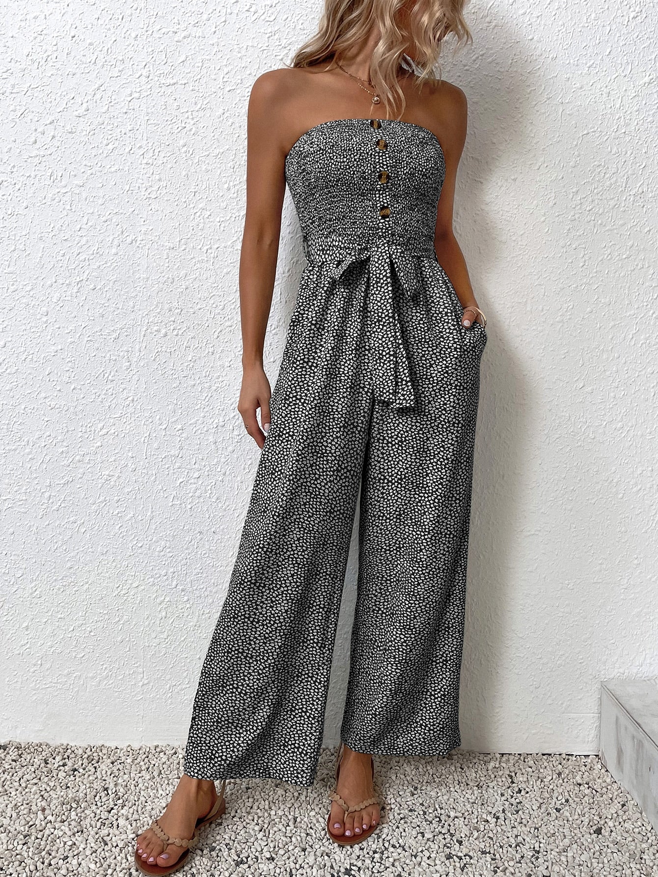 VCAY Allover Print Pocket Side Belted Tube Jumpsuit