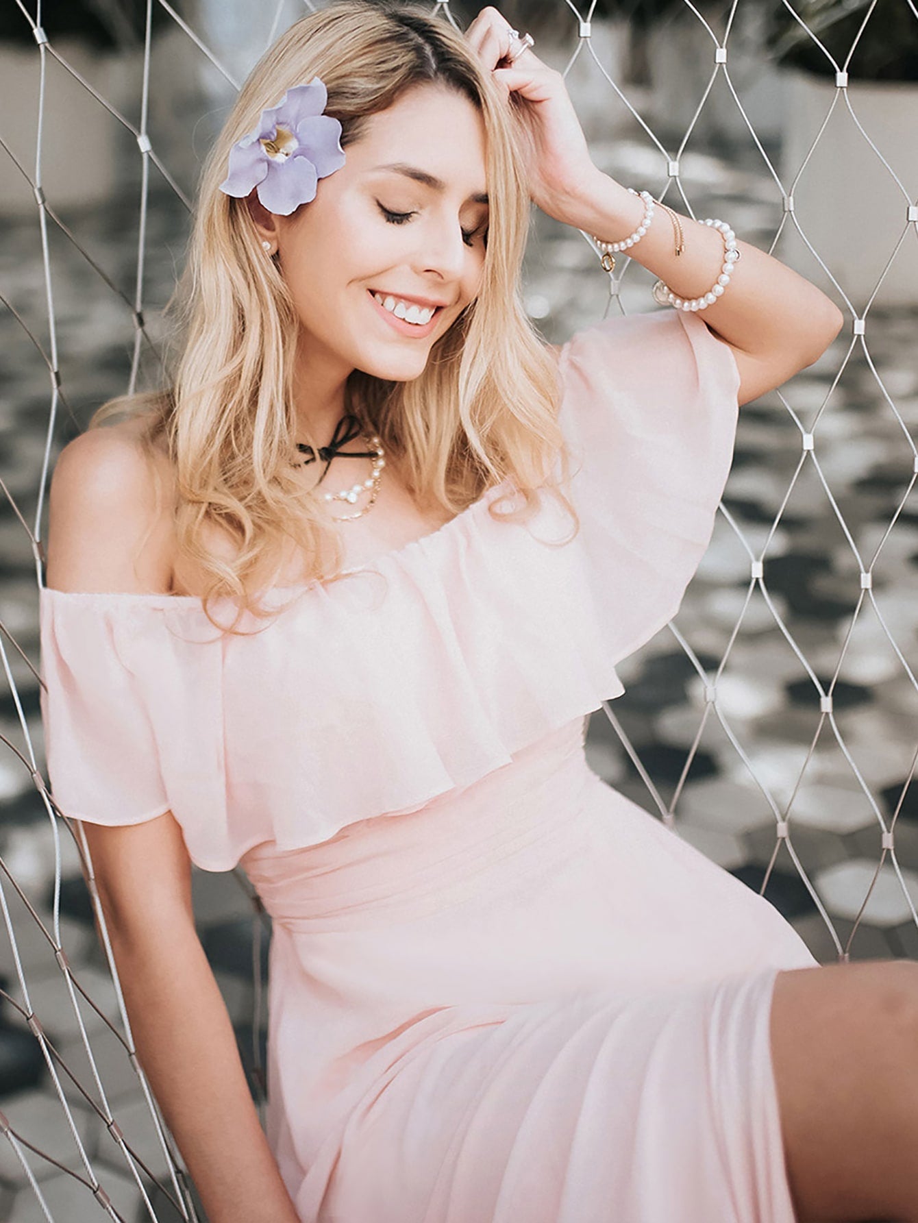 EVER-PRETTY Ruffle Off Shoulder Split Prom Dress