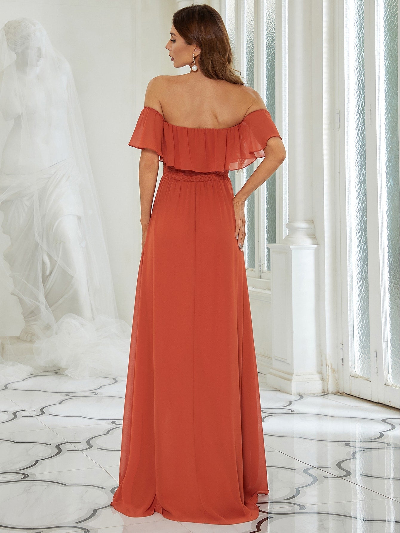 EVER-PRETTY Ruffle Off Shoulder Split Prom Dress