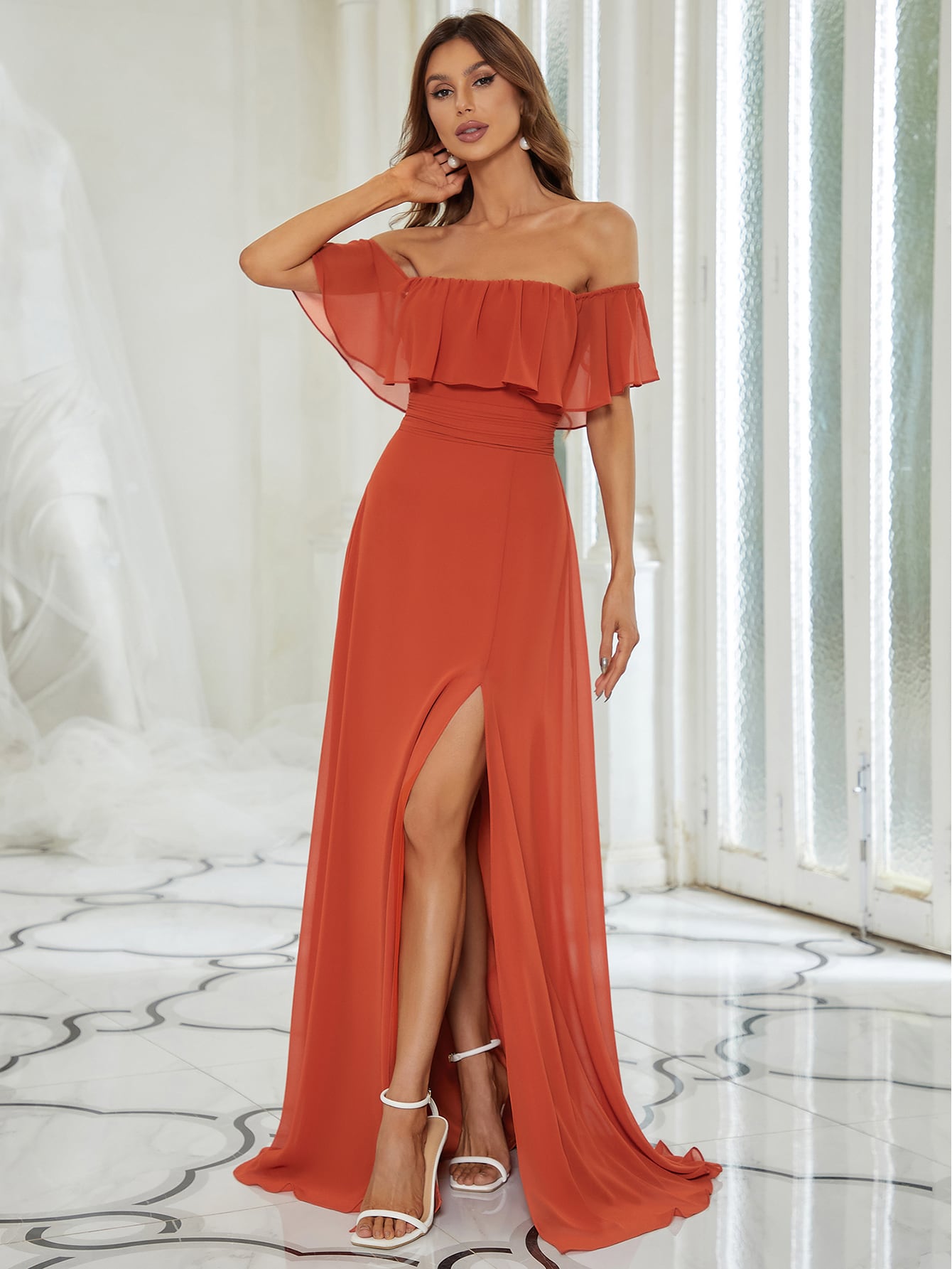 EVER-PRETTY Ruffle Off Shoulder Split Prom Dress