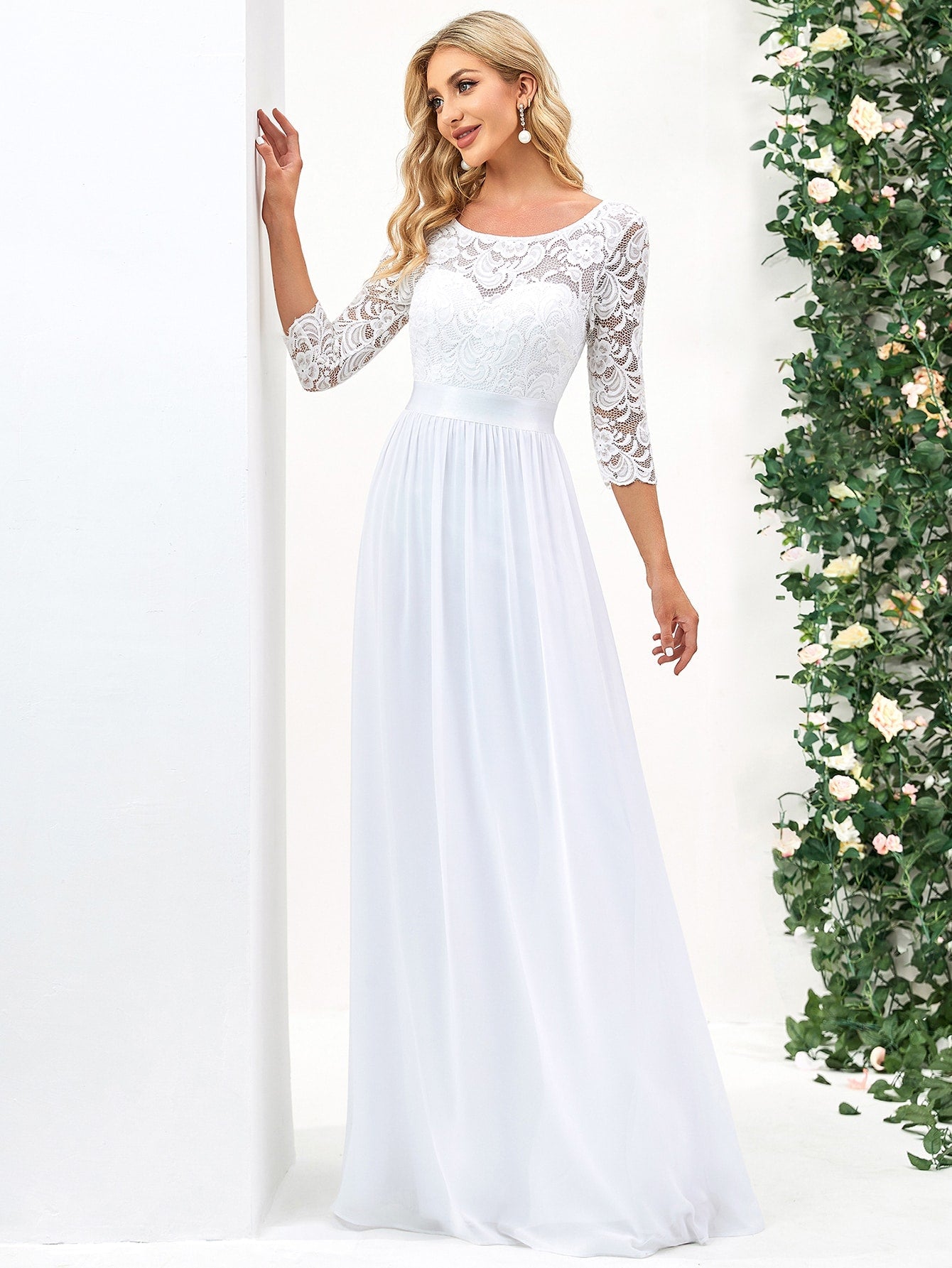 EVER-PRETTY V-back Lace Bodice Chiffon Wedding Dress