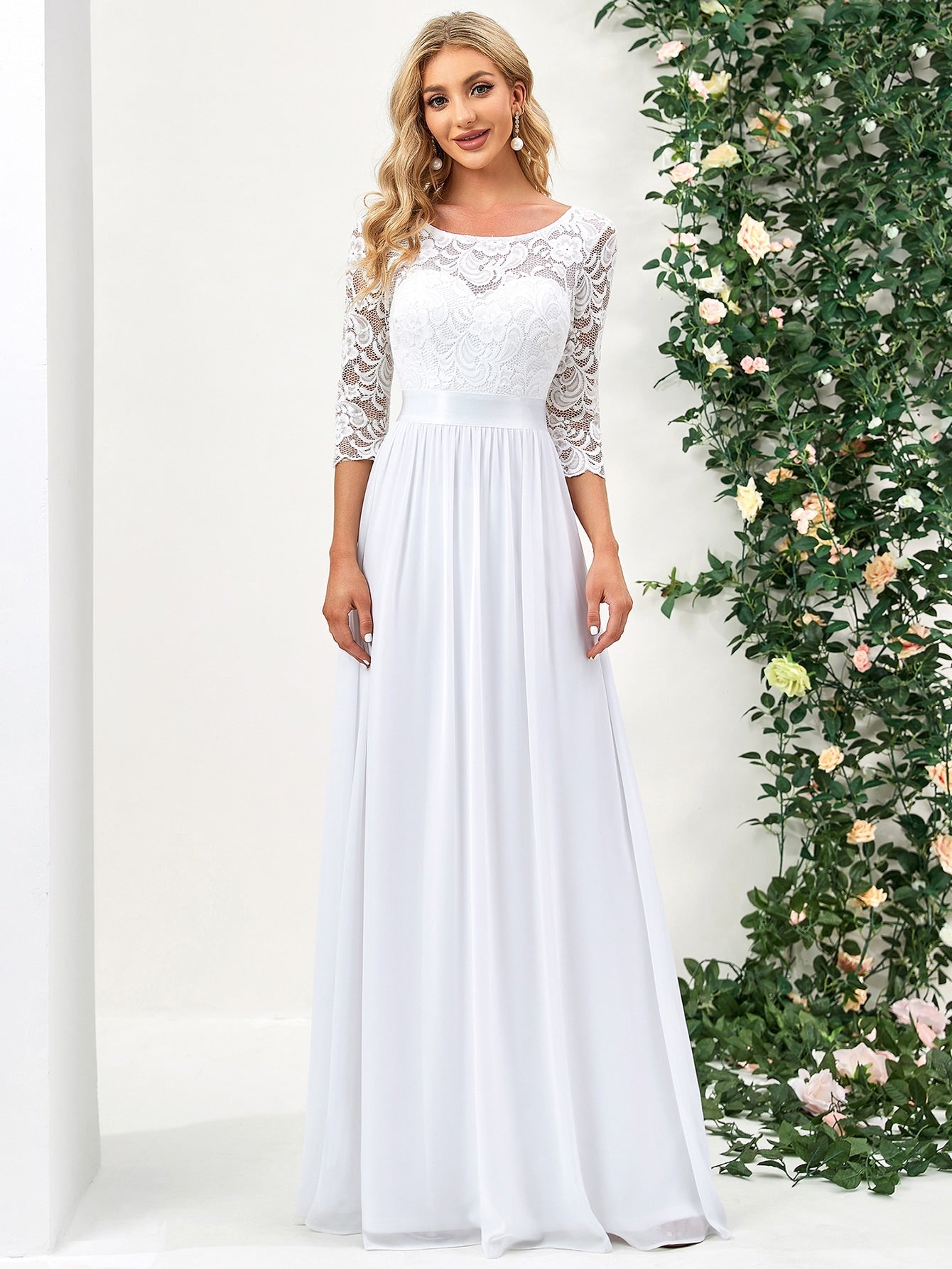 EVER-PRETTY V-back Lace Bodice Chiffon Wedding Dress