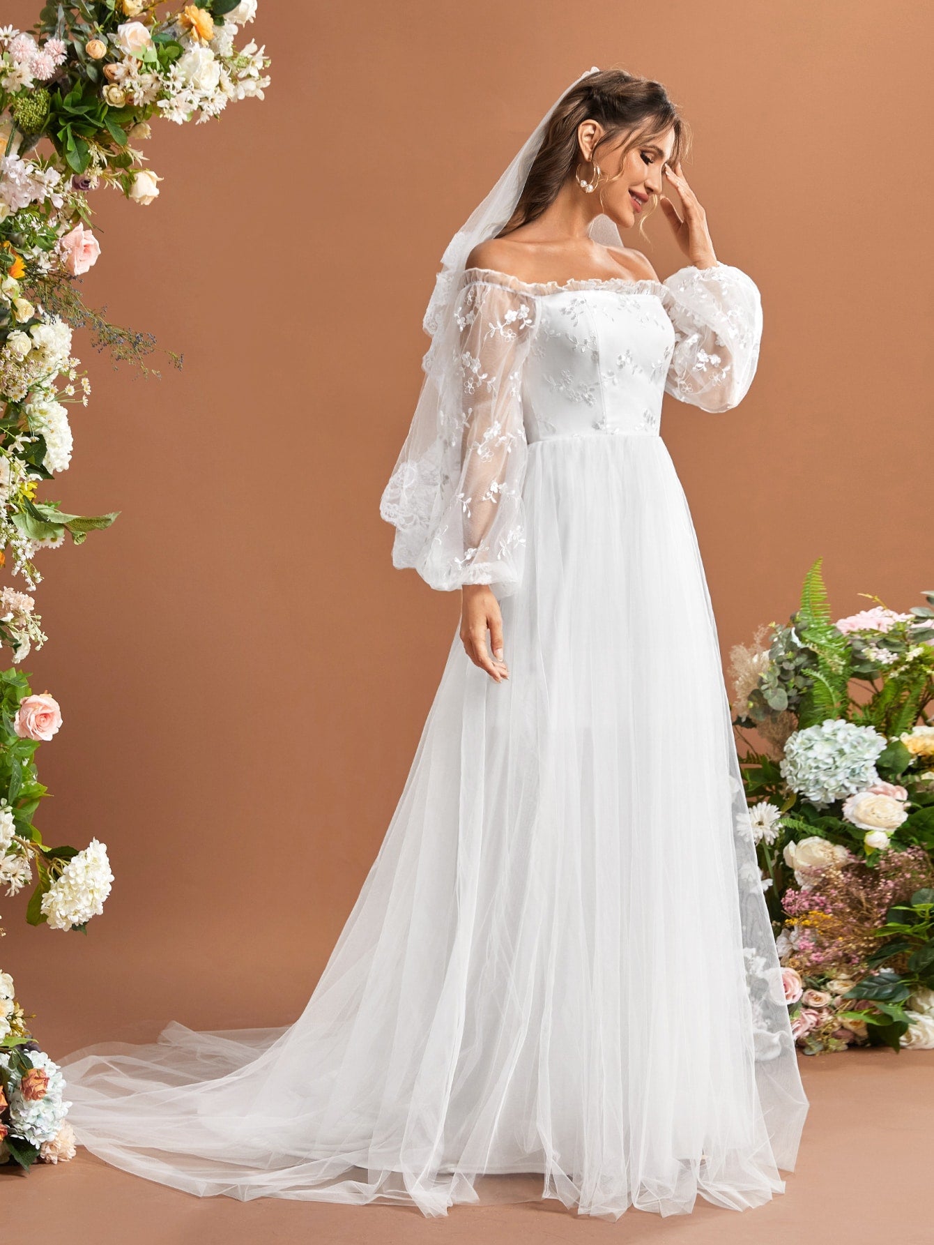 Floral Embroidered Frilled Off Shoulder Lantern Sleeve Mesh Wedding Dress Without Veil