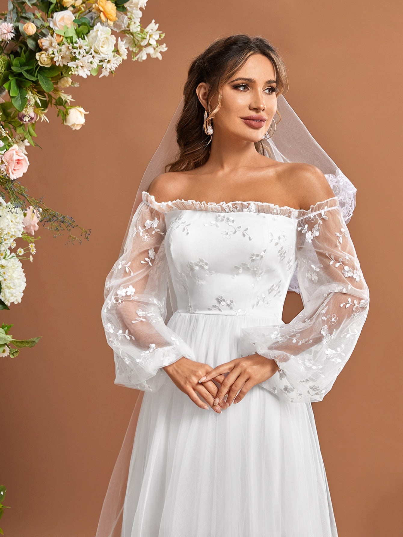 Floral Embroidered Frilled Off Shoulder Lantern Sleeve Mesh Wedding Dress Without Veil