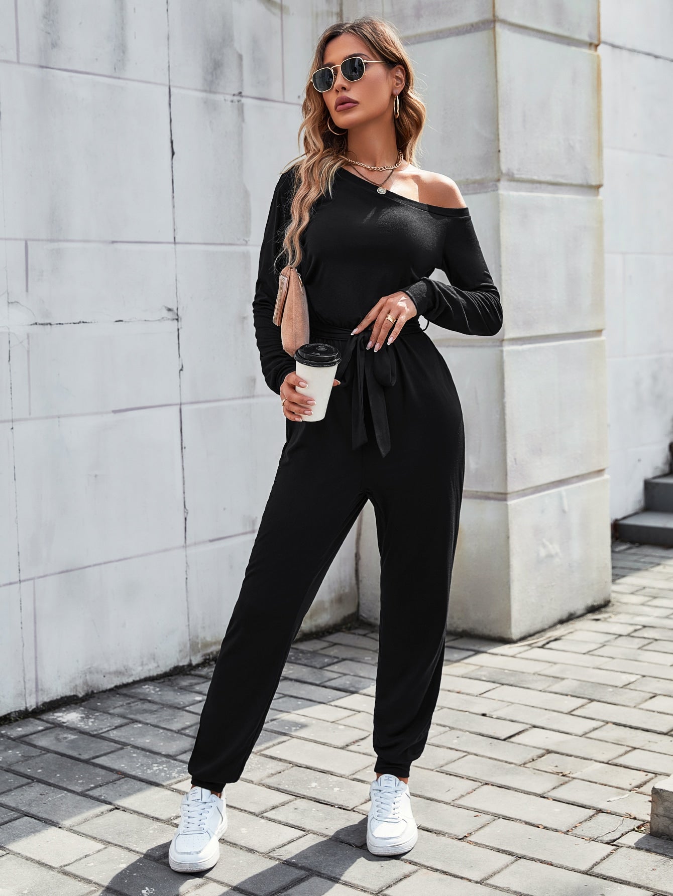 LUNE Solid Asymmetrical Neck Belted Jumpsuit