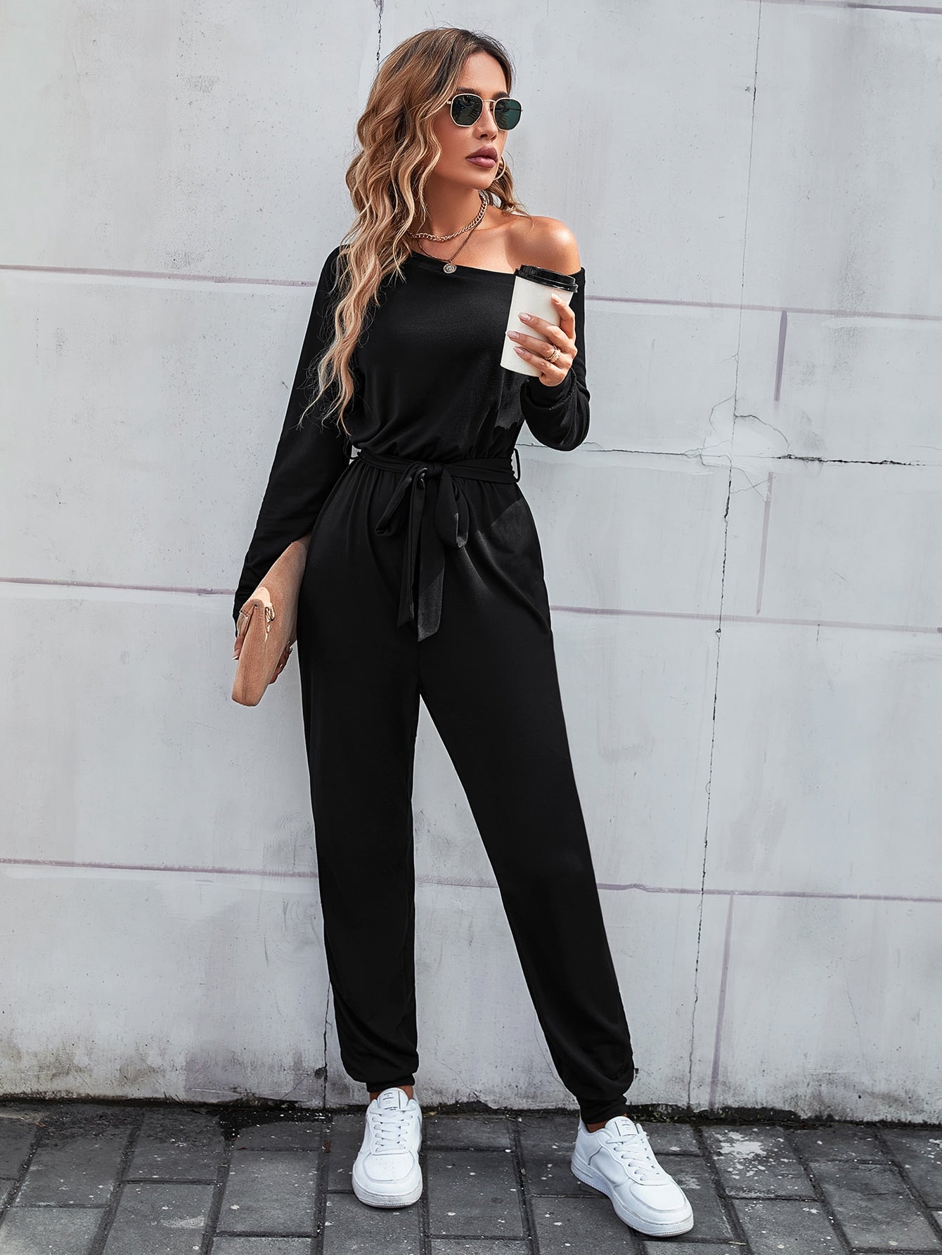 LUNE Solid Asymmetrical Neck Belted Jumpsuit