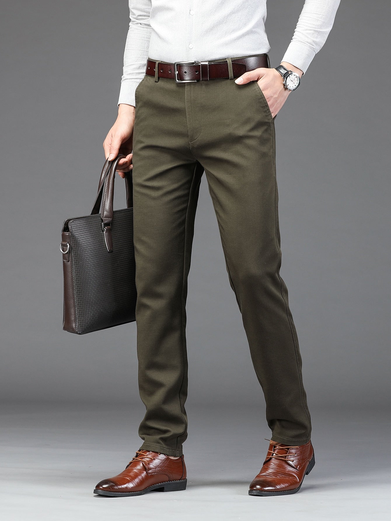 Men Solid Slant Pocket Straight Leg Suit Pants Without Belt