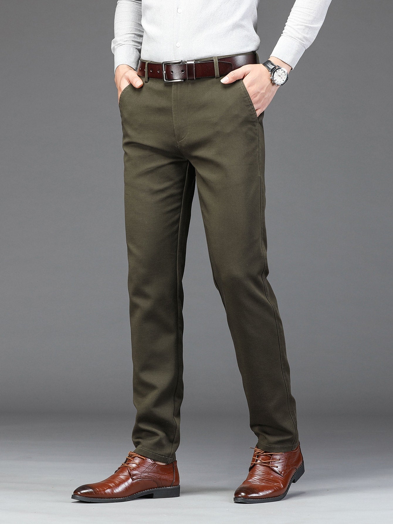 Men Solid Slant Pocket Straight Leg Suit Pants Without Belt